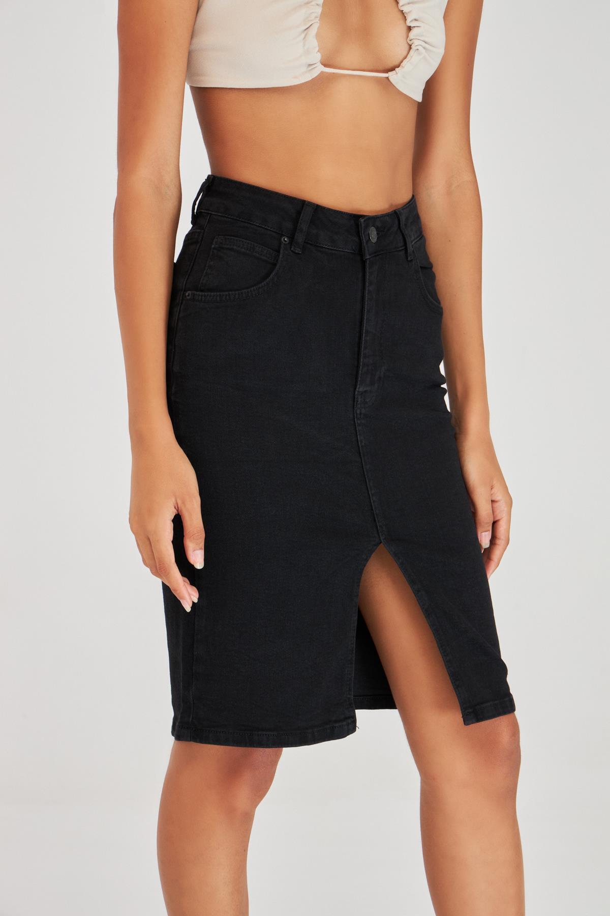 its basic-Women's Black Stonewashed Color Erica Black Od Slit Detailed Midi Length Lycra High Waist Jean Skirt 3