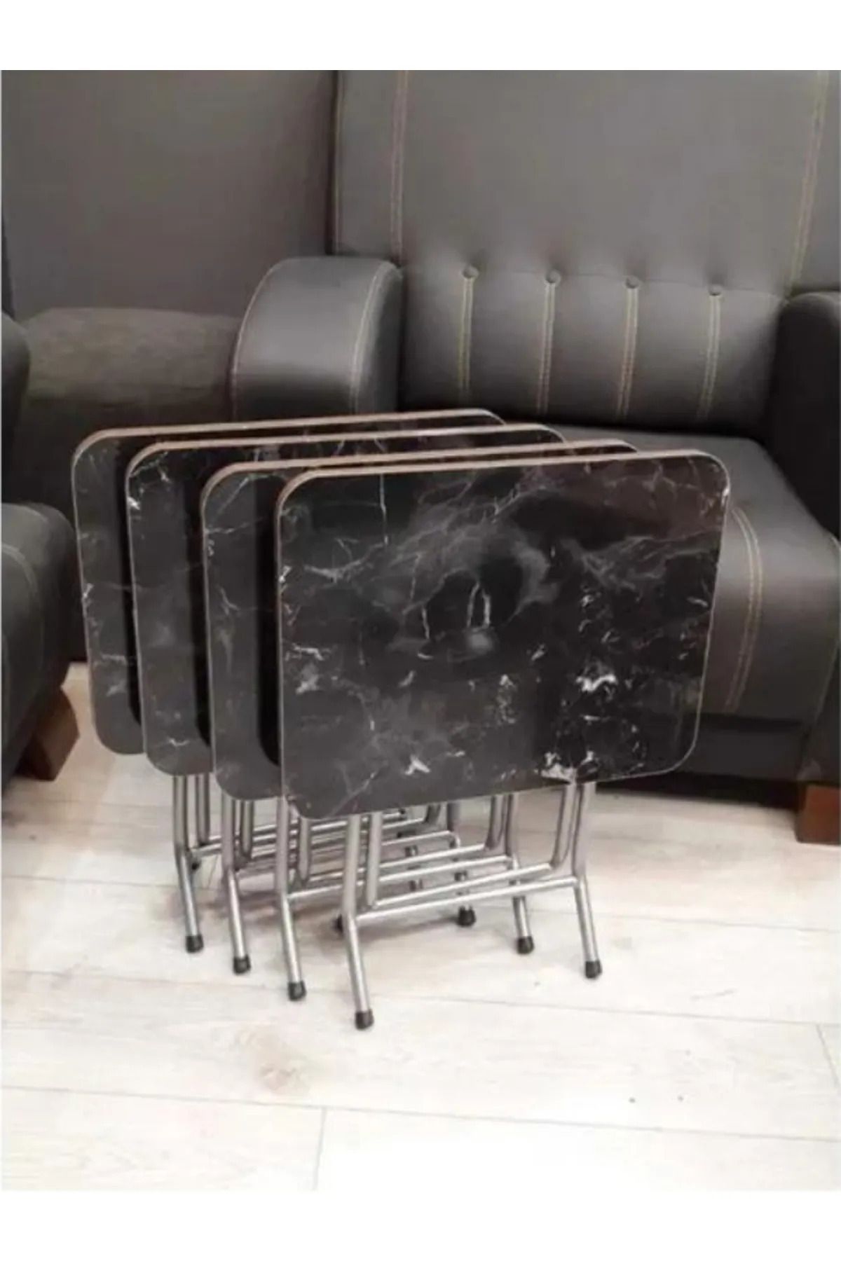 FERNUR GRUP Harmony House Katlanır Beyaz Mermer Zigon 4'lü Sehpa Takım Paslanmaz Metal Ayaklı