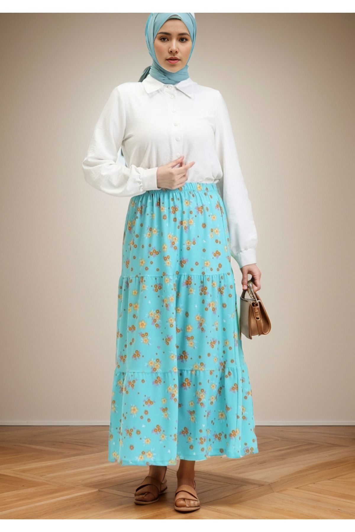 RESPİRO-Floral Patterned Soft Flowing Layered Long Crepe Spring Summer Mint Skirt 4