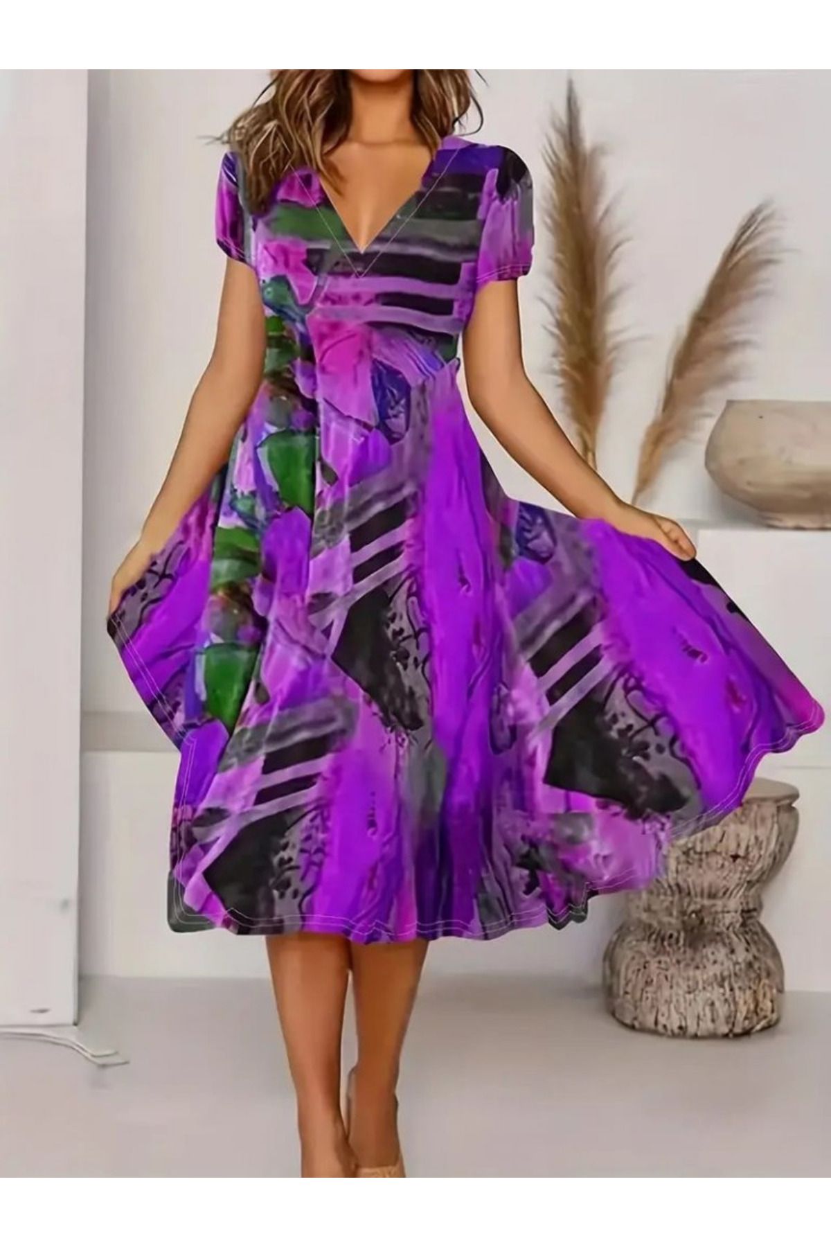 velmorafashion Kadın Kısa Kollu V Yaka Renkli Karışık Desen Kloş Süprem Midi Elbise