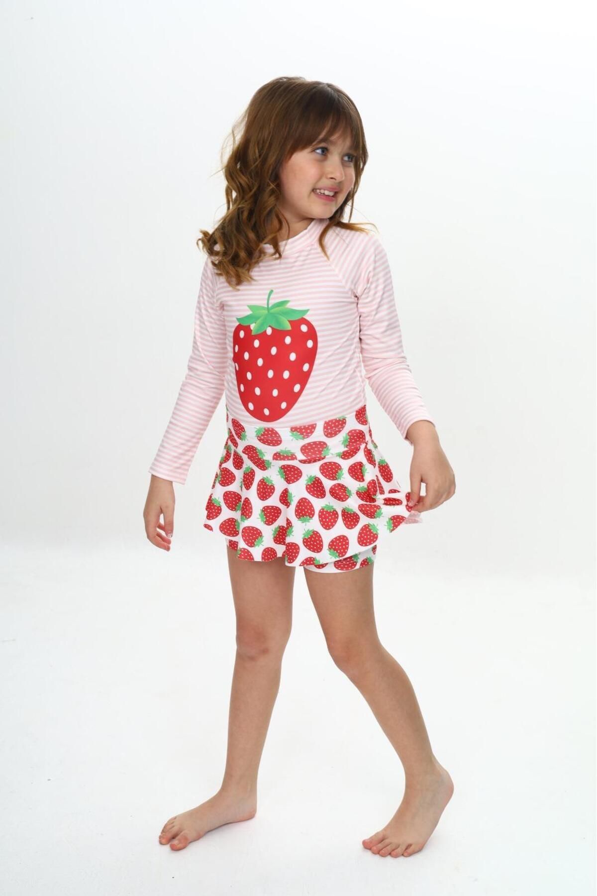 Lolliboomkids-Set de costume de baie/bikini pentru fete, cu mâneci lungi, cu imprimeu căpșuni, cu fuste 1