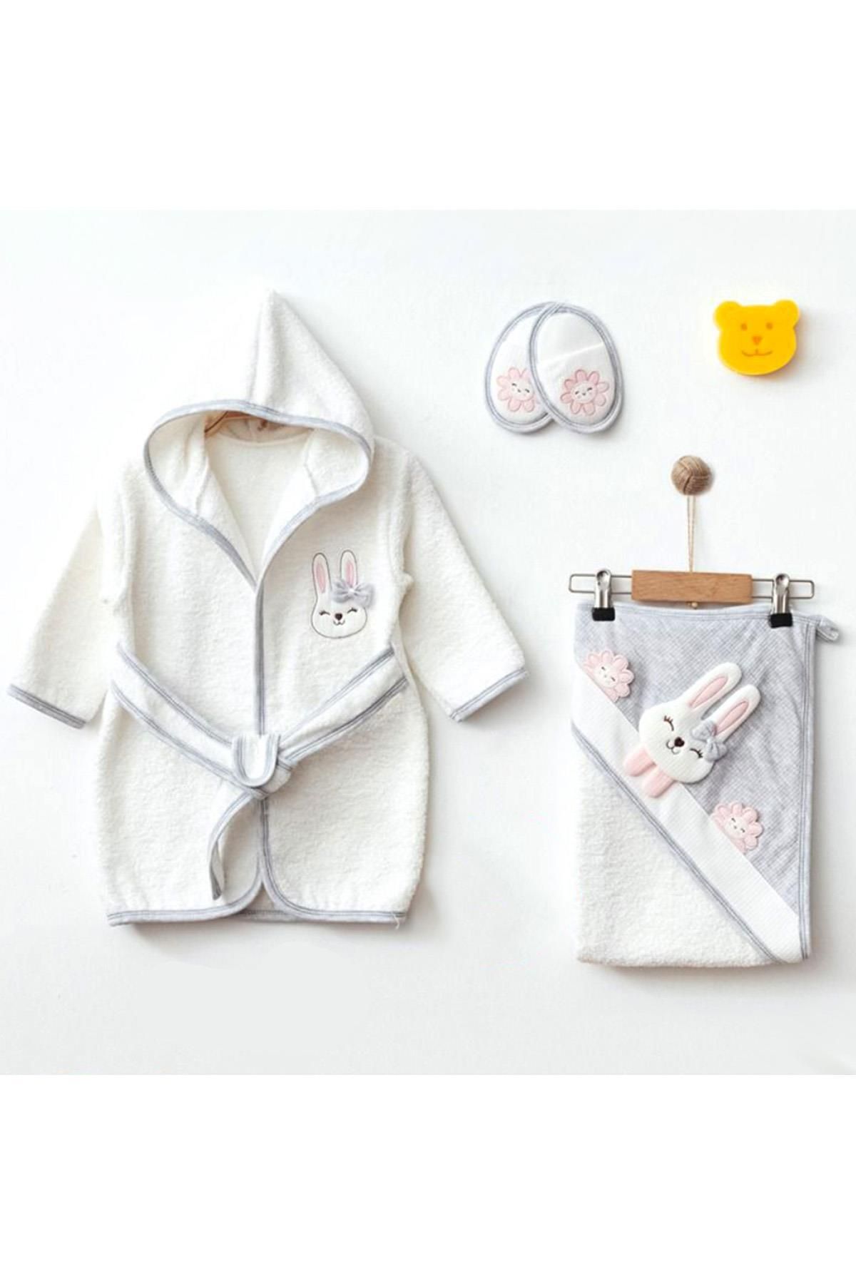 Sebi Bebe Kız Bebek Bornoz Seti, Lüx Bunny, Tavşan Resimli-gri