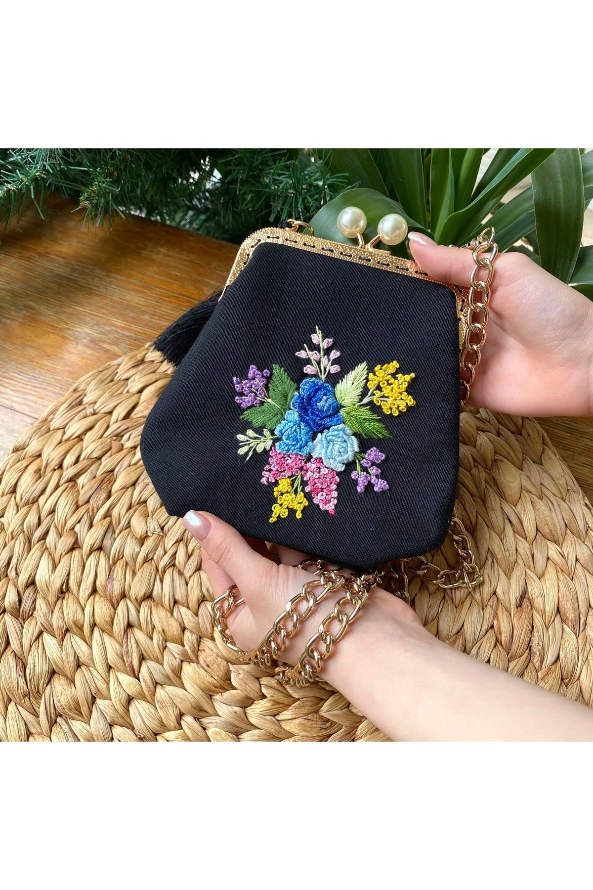 Home Siyah Keten elde Rokoko işlemeli Vintage Tarzı Çanta. 18x15 ölçü