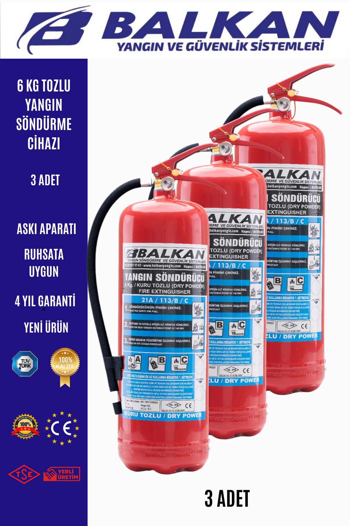 Balkan Ticaret 6 kg tozlu yangın söndürme cihazı 3 adet