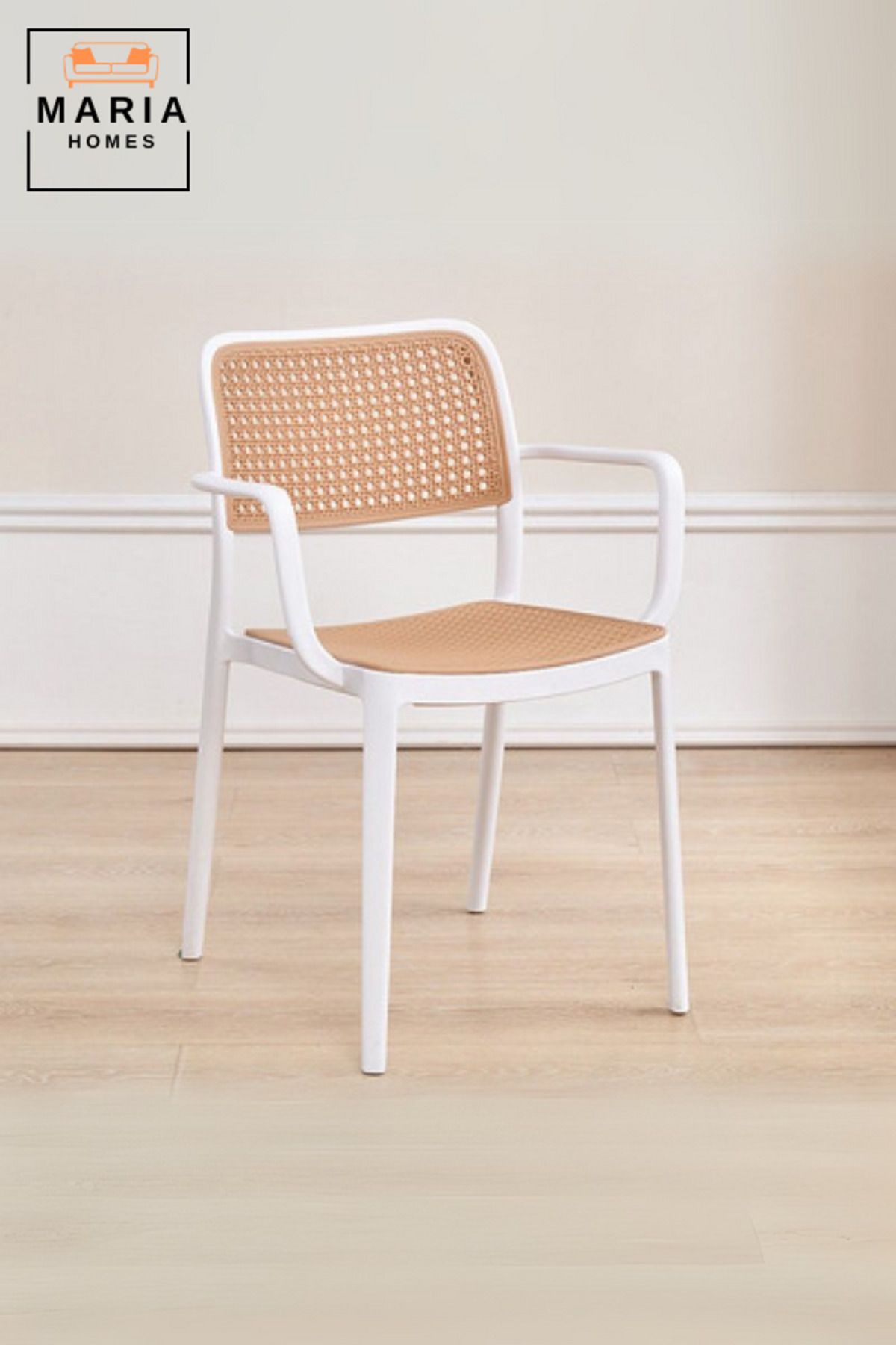 MARIA HOMES-Modern Rattan-Style Plastic Armchair White Frame Dining or Accent Chair by Maria Homes 3