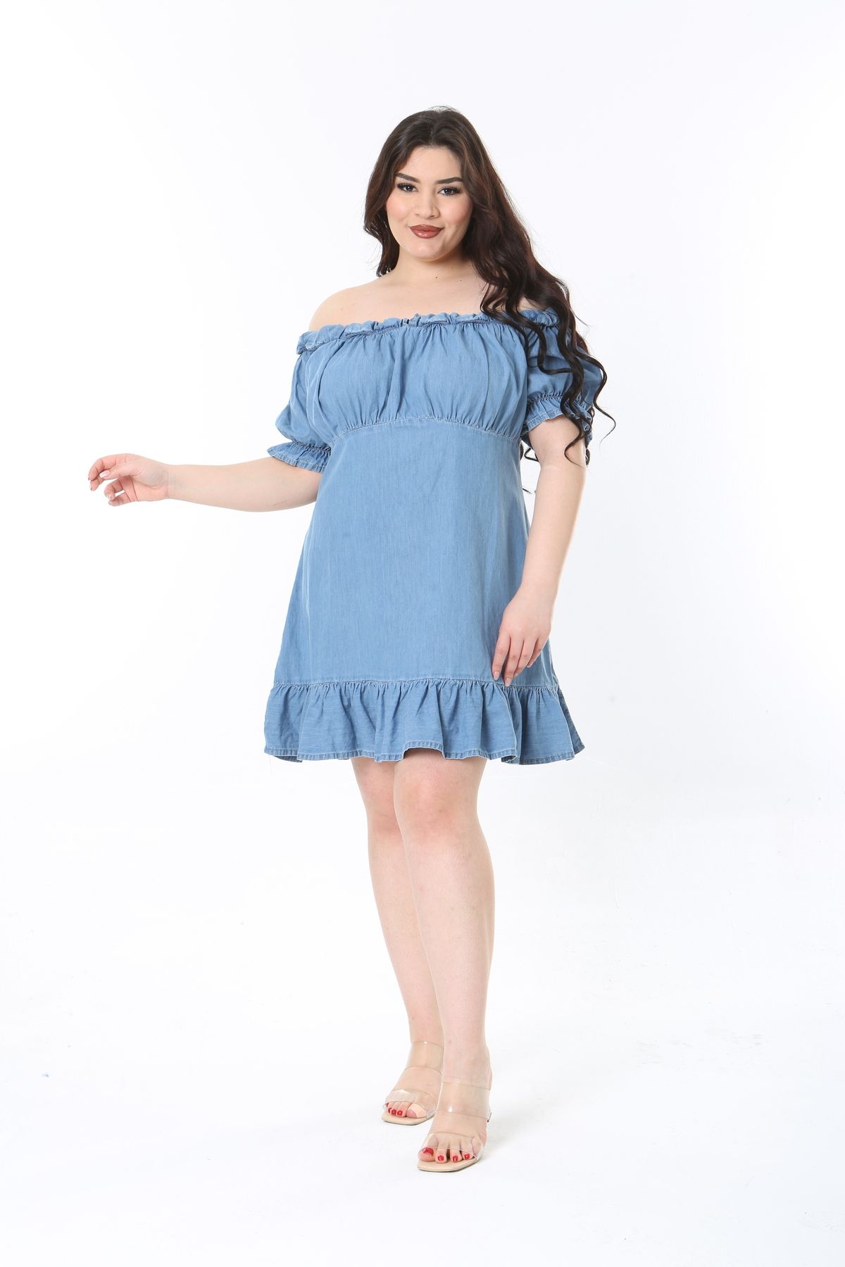 Şans-Rochie de damă, mărime mare, albastru, spălat, din denim, cu volane, cu umăr, rochie deschisă 65N38922 5