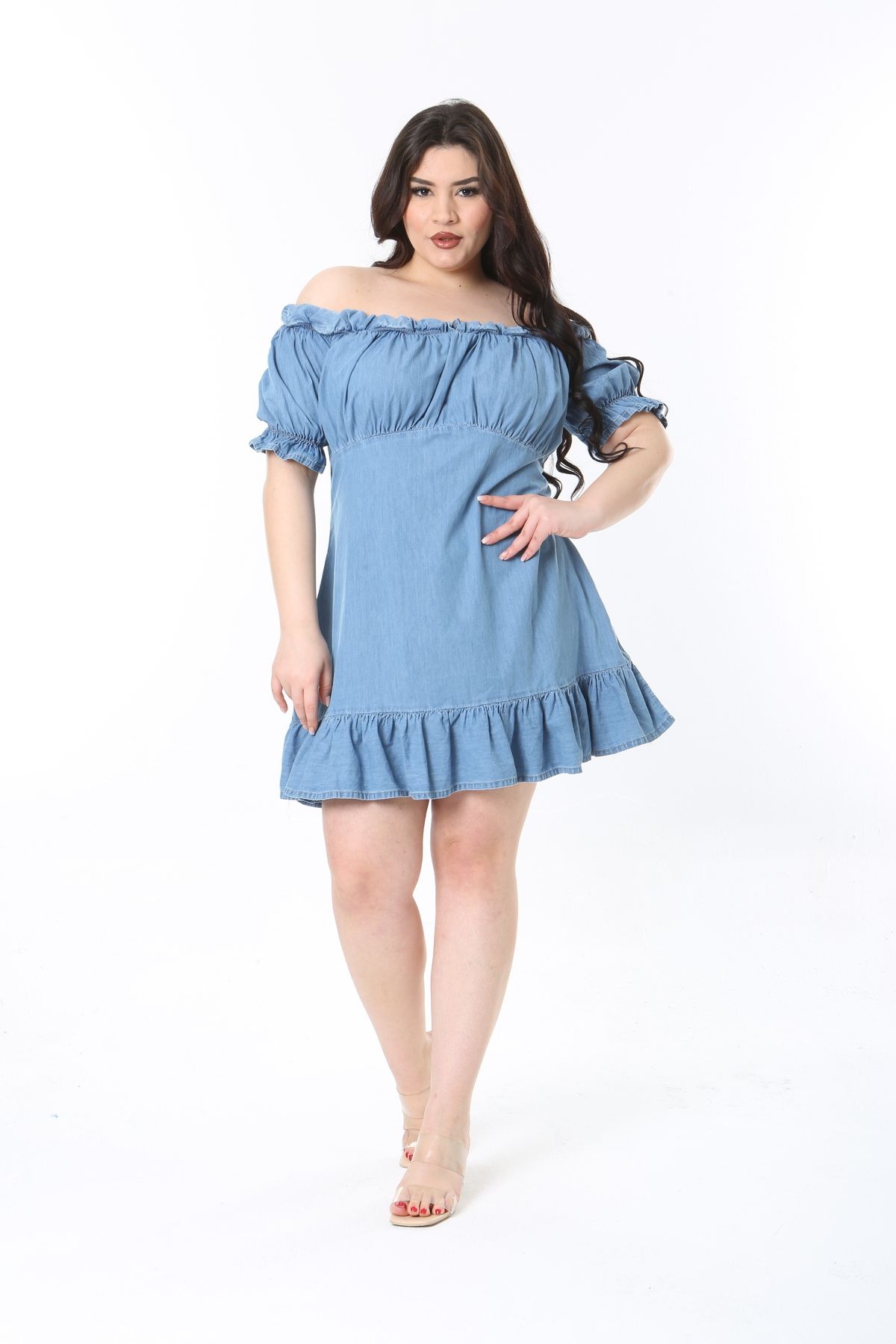 Şans-Rochie de damă, mărime mare, albastru, spălat, din denim, cu volane, cu umăr, rochie deschisă 65N38922 6