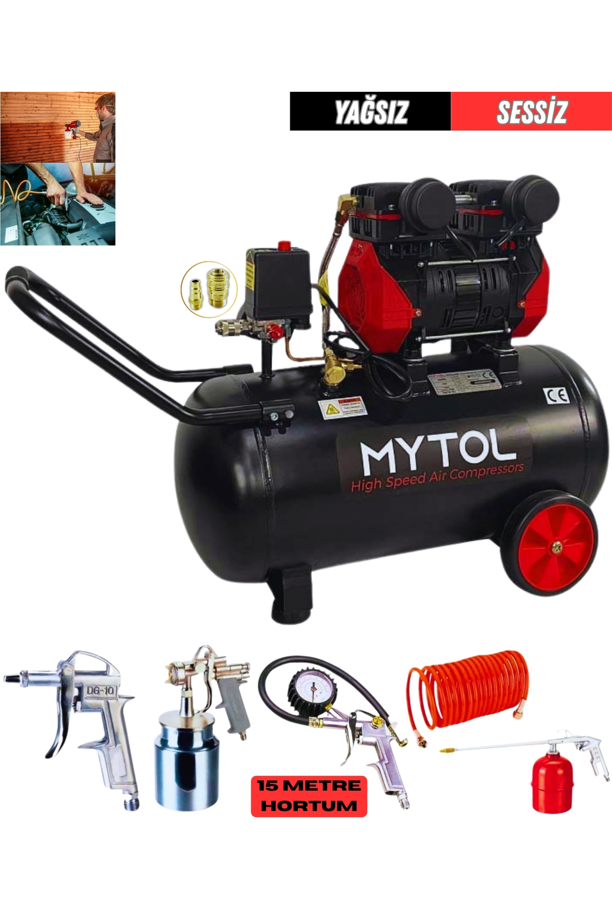 MYTOL 50 Litre Yağsız Sessiz Kompresör 1.5 Hp 5 Parça Havalı Alet