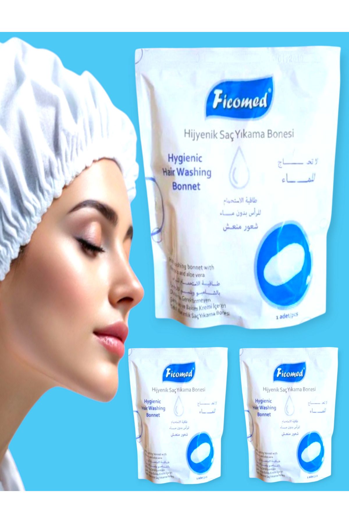 Ficomed Hijyenik Saç Yıkama Bonesi ( 3 Paket ) / Hasta Banyo / Hasta Temizlik / Hasta Bakım