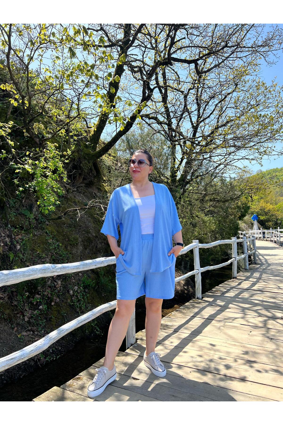 MJORA  Büyük Beden Kimono & Şort Örme Takım - Görsel 6