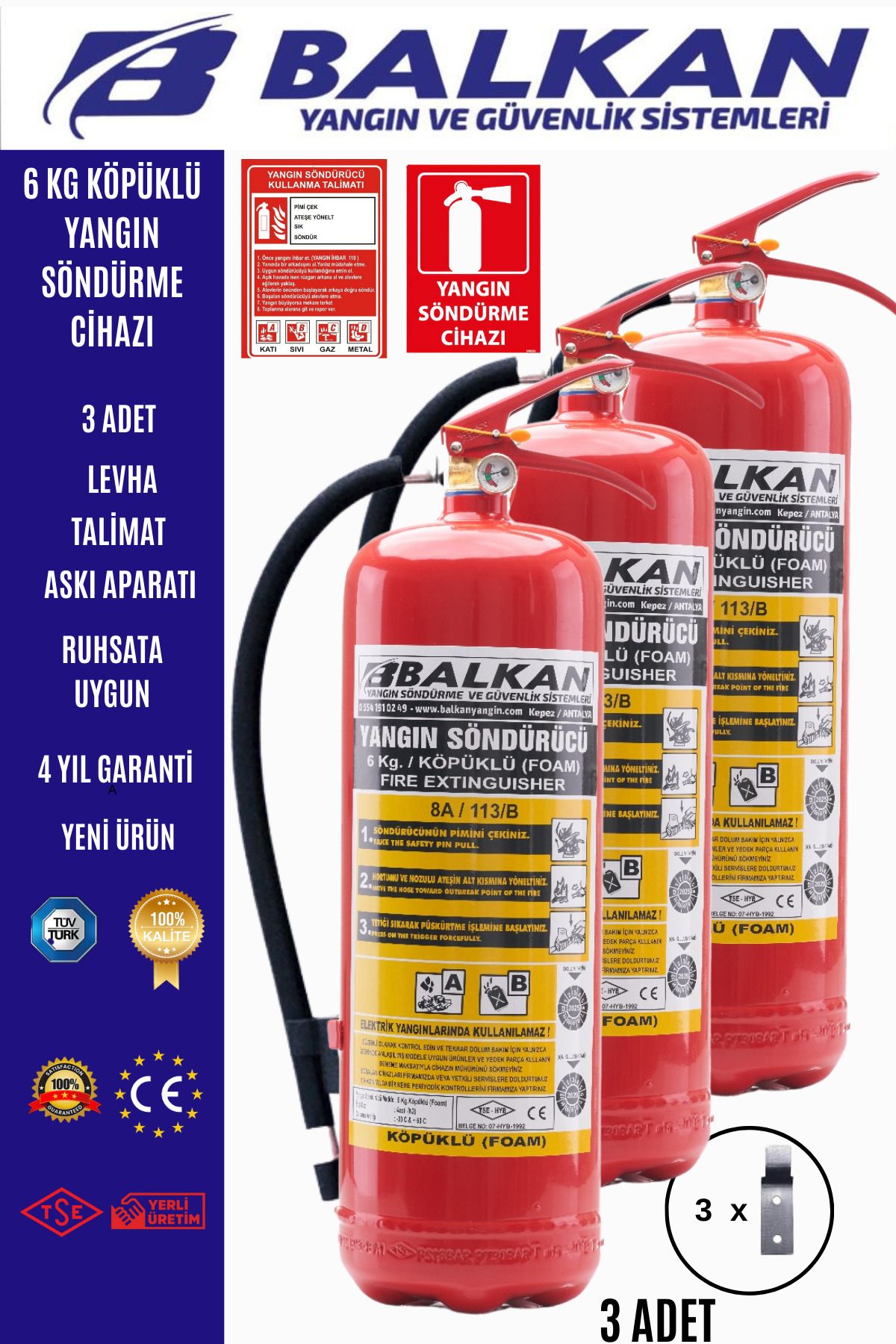 Balkan Ticaret 6 kg köpüklü yangın söndürme cihazı+Talimat+Levha+Askı aparatı