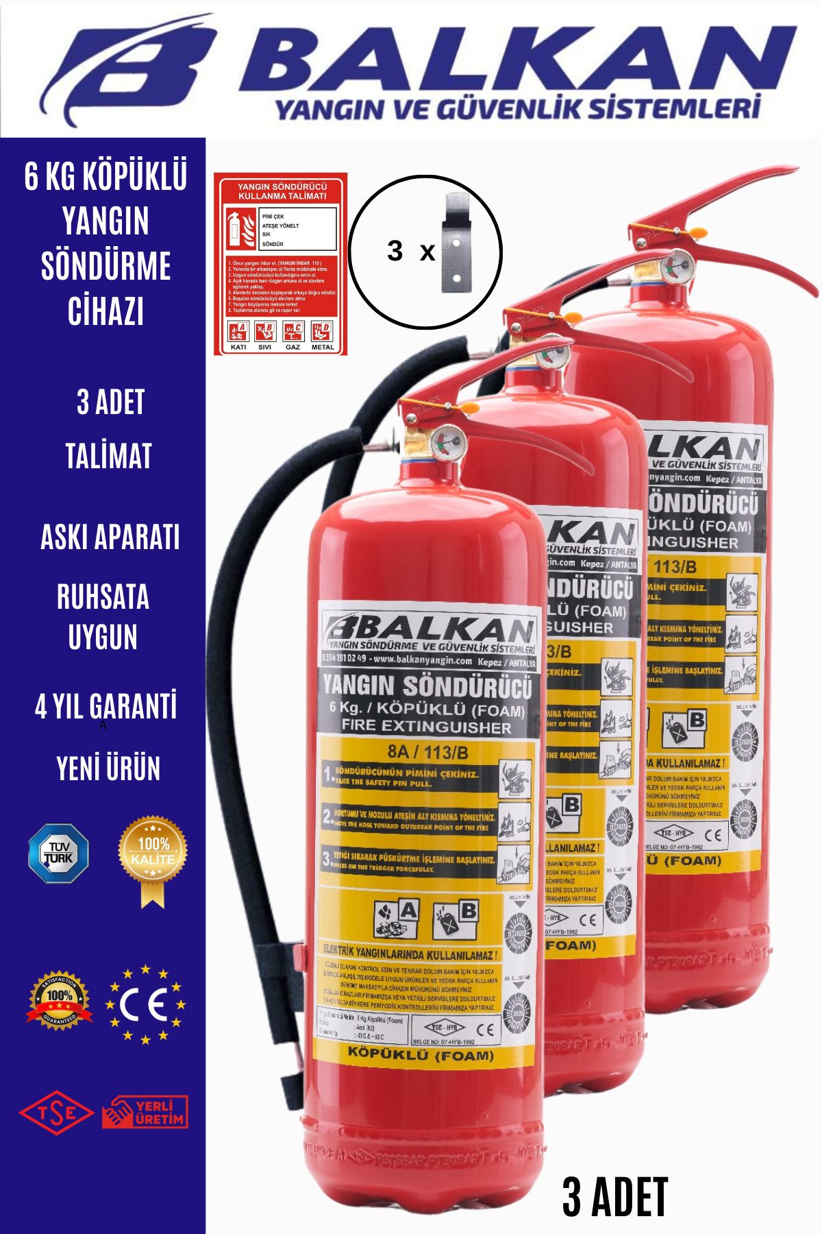 Balkan Ticaret 6 kg köpüklü yangın söndürme cihazı+Talimat+Askı aparatı
