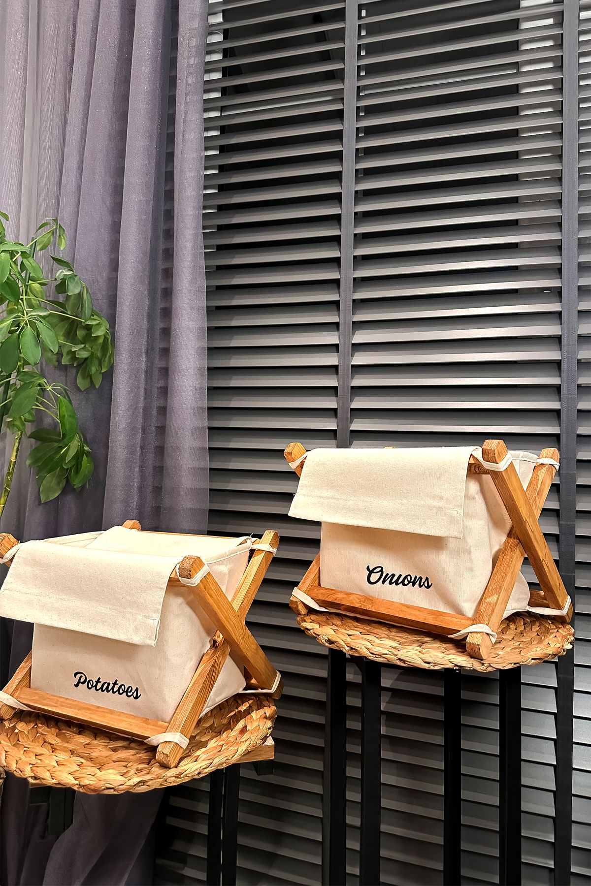 KendsHome Patates Soğanlık 2'li Set -Bambu Renk- Patates Soğan Sepeti - Ahşap & Kanvas, 6 Kg Kapasiteli,
