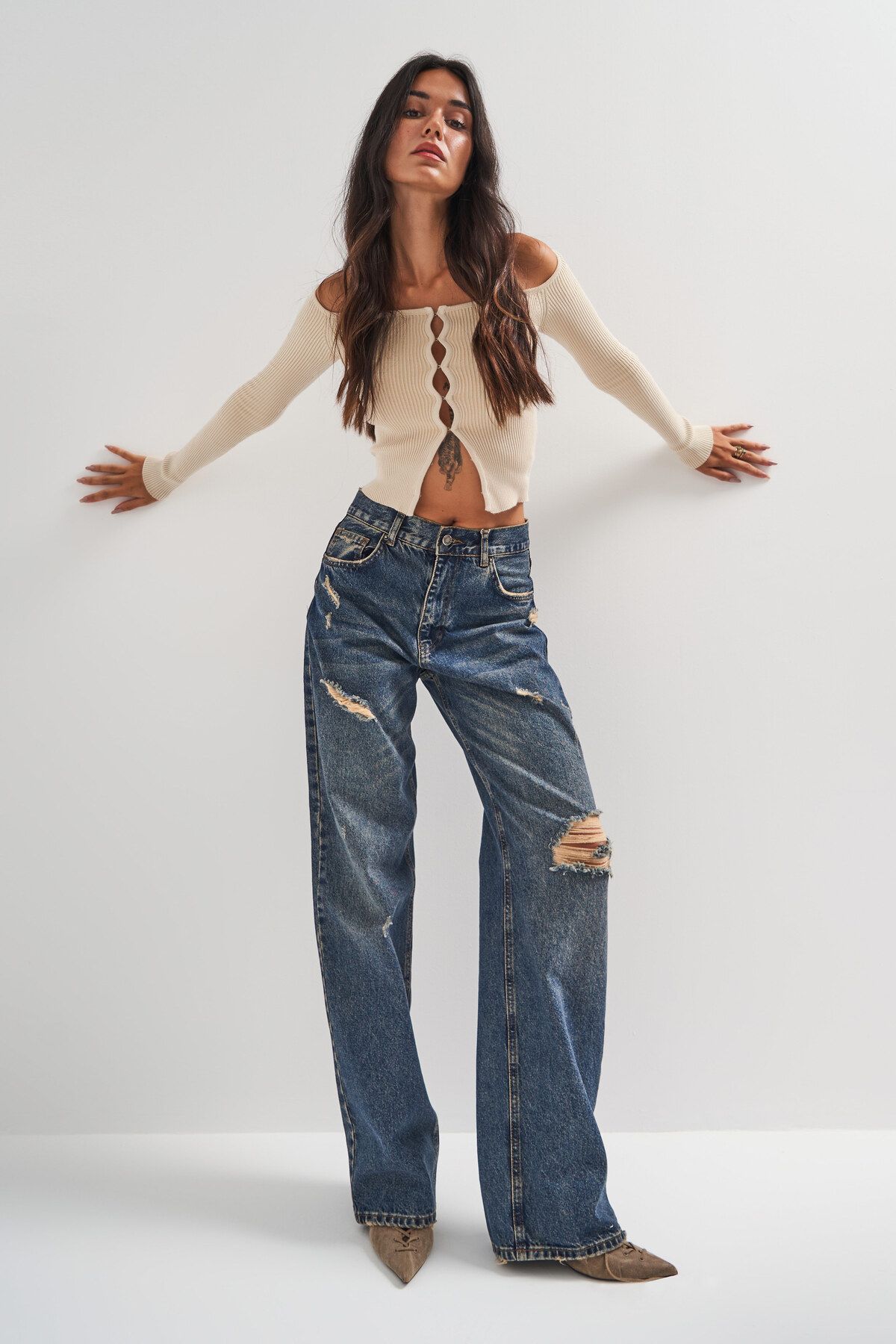 ZRG-Blugi de damă, culoare denim, detaliați rupti, largi, 100% bumbac 3