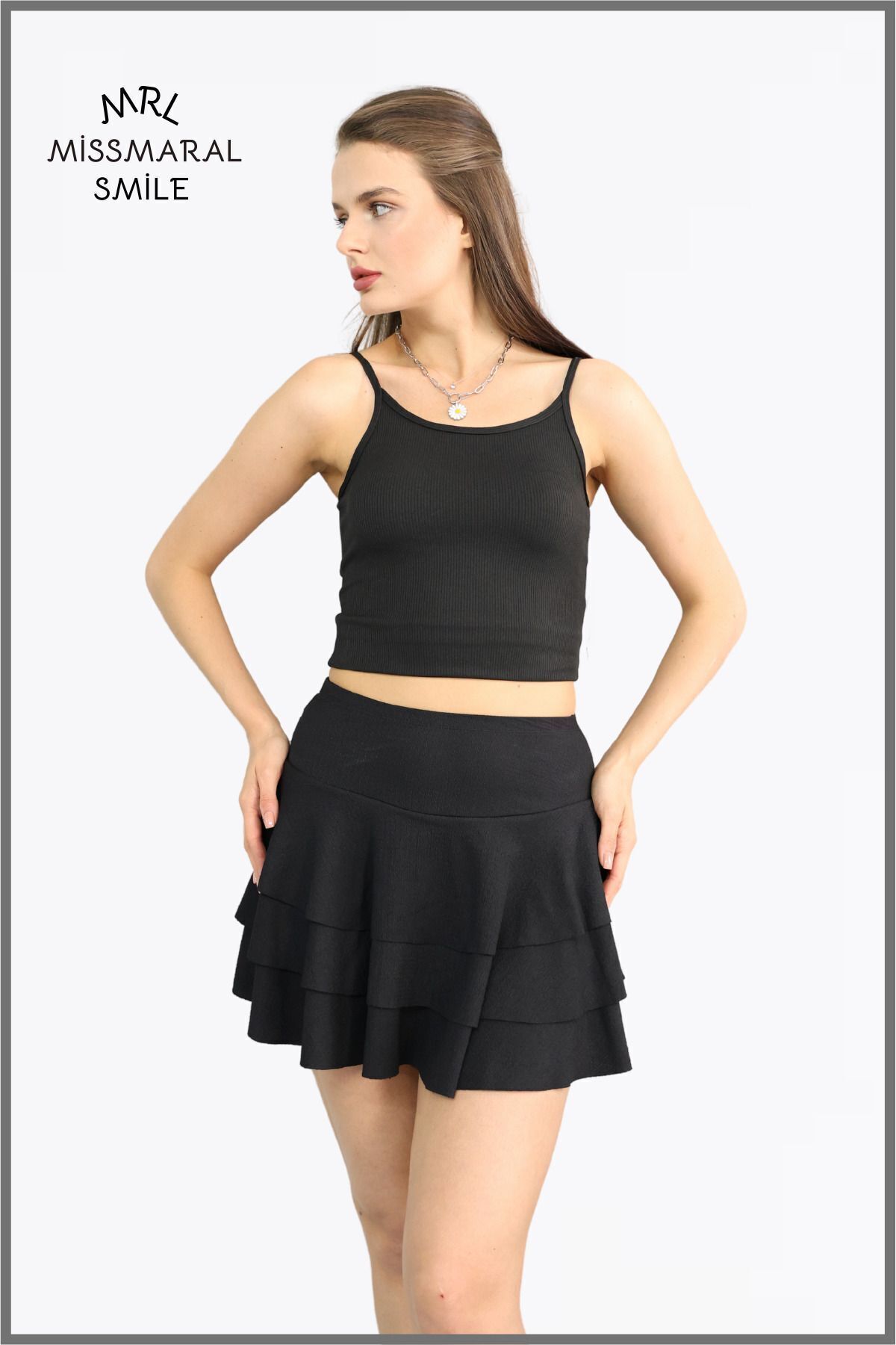 missmaral  Mykonos Etek Siyah Içte Sabit Şortlu Yüksek Bel Likralı Bürümcük Kumaş Skirt With Shorts 1101 - Görsel 4