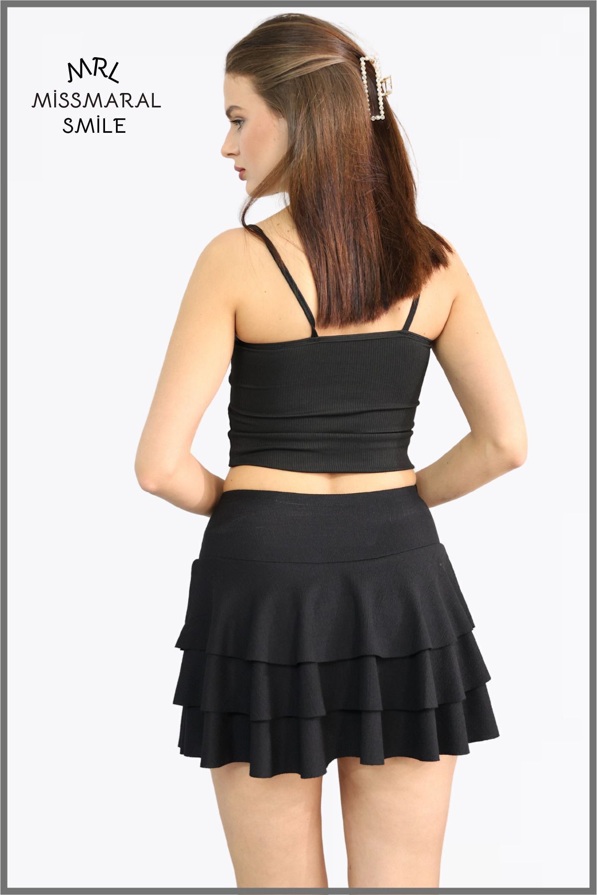 missmaral  Mykonos Etek Siyah Içte Sabit Şortlu Yüksek Bel Likralı Bürümcük Kumaş Skirt With Shorts 1101 - Görsel 7