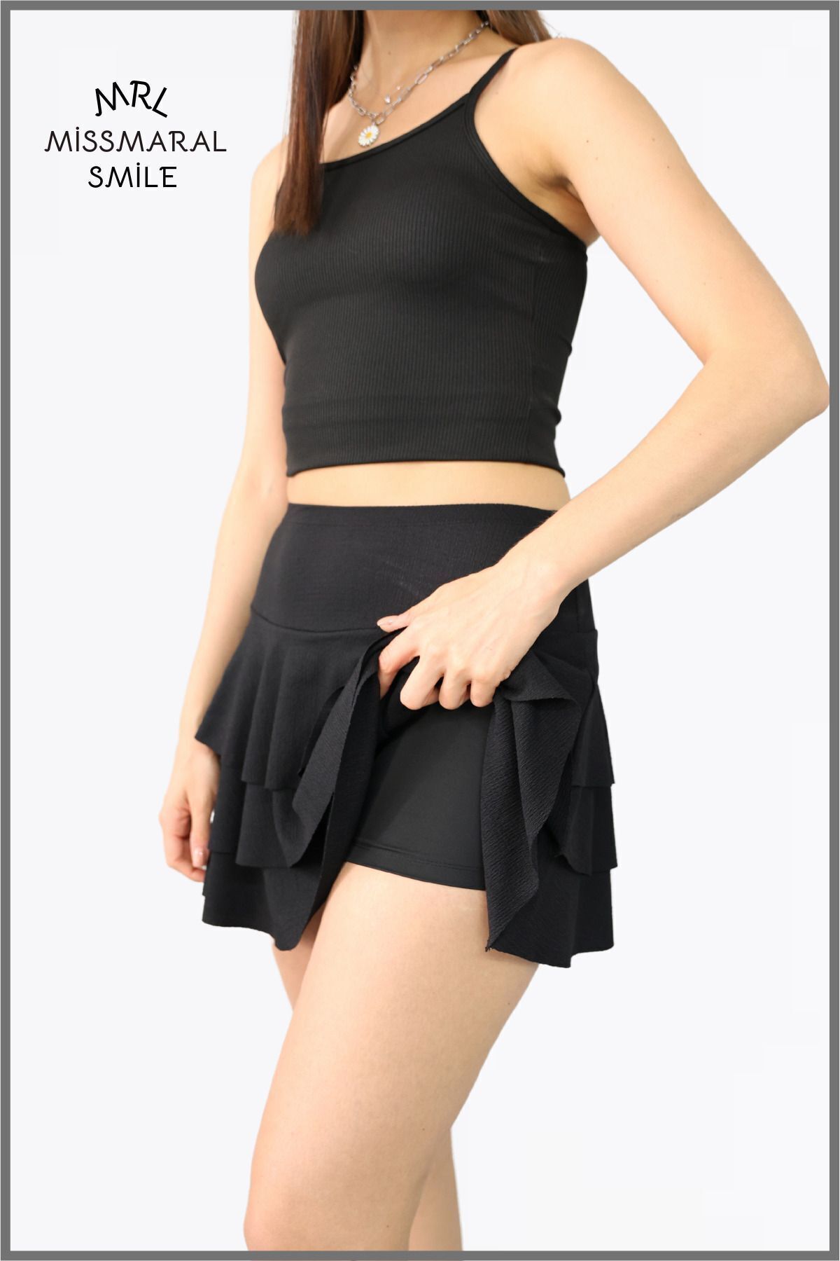 missmaral  Mykonos Etek Siyah Içte Sabit Şortlu Yüksek Bel Likralı Bürümcük Kumaş Skirt With Shorts 1101 - Görsel 3