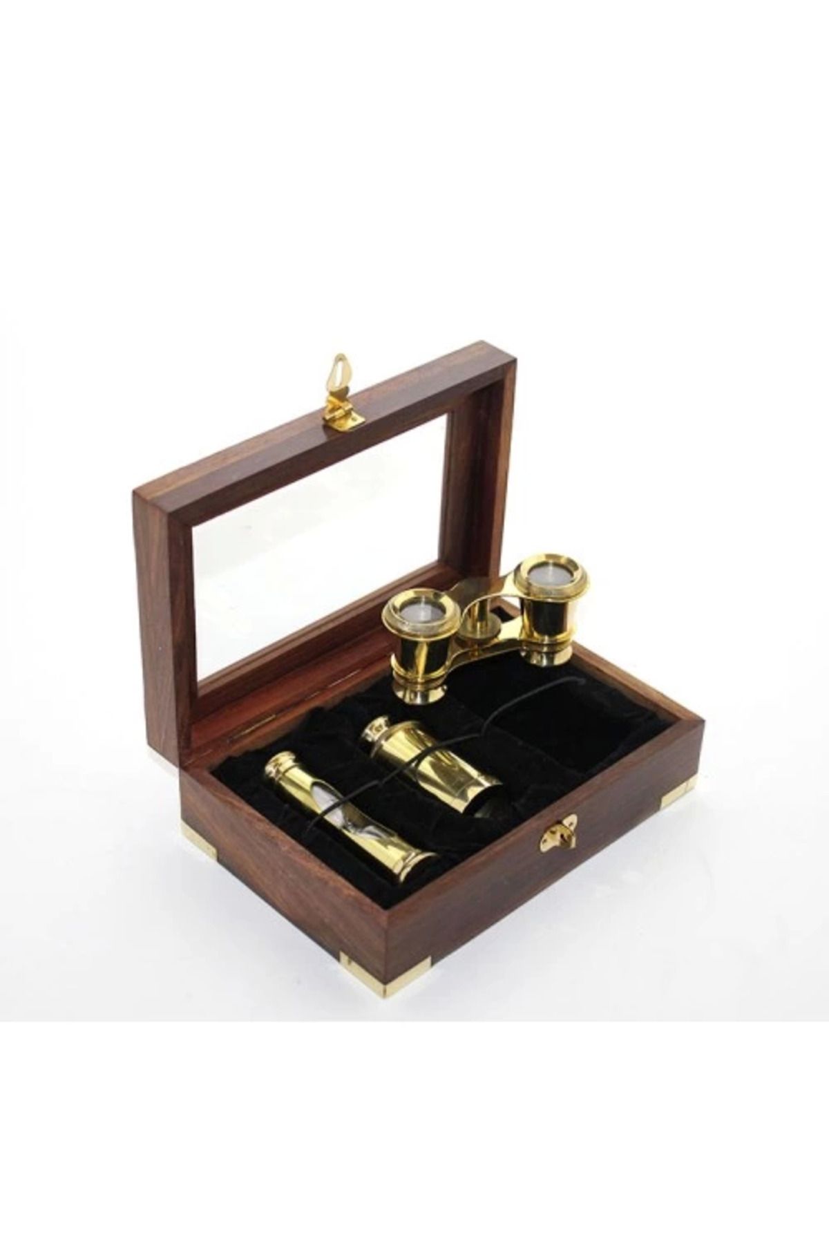 gizmurstore Ahşap Kutulu Pirinç Kum Saati Ve Dürbün Seti