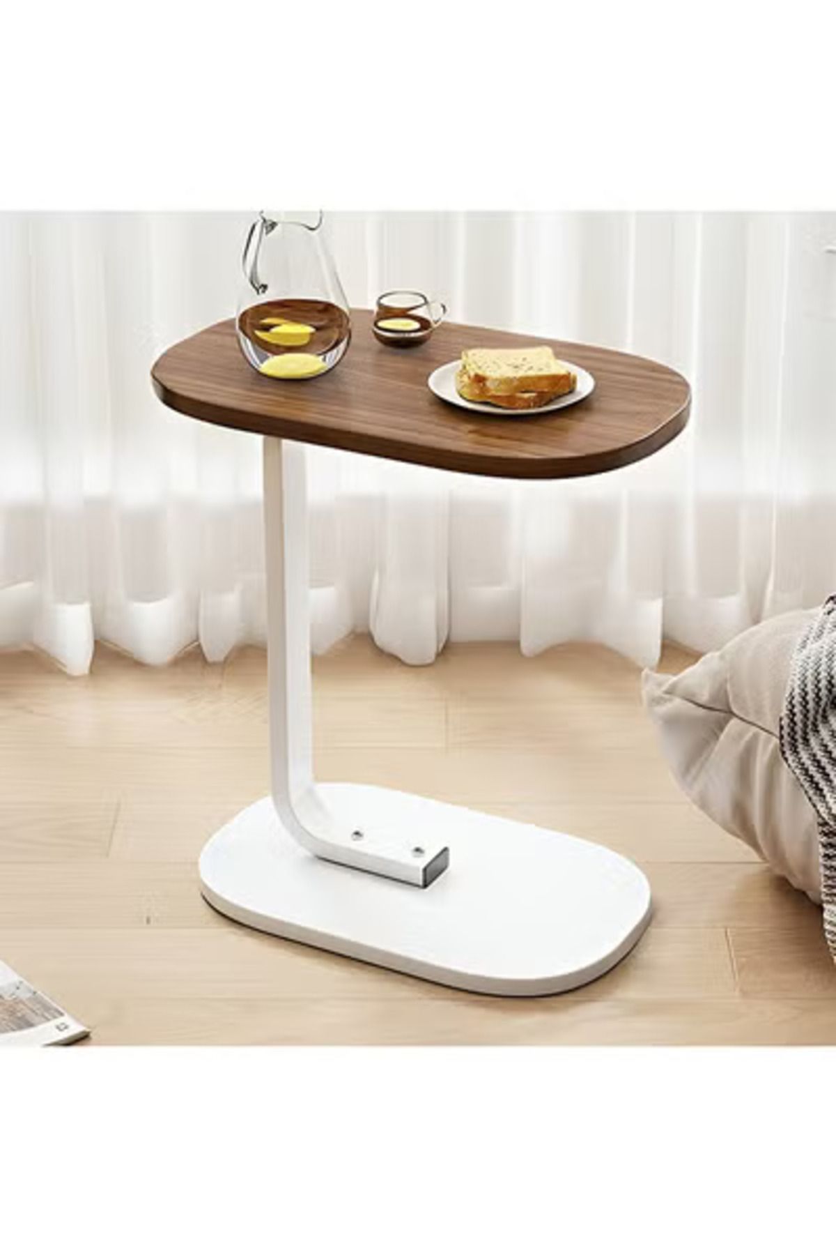 Taimi-C-Shaped Side Table Elegant Design with Metal Frame,45x30x60cm - Brown Color With White Frame 3