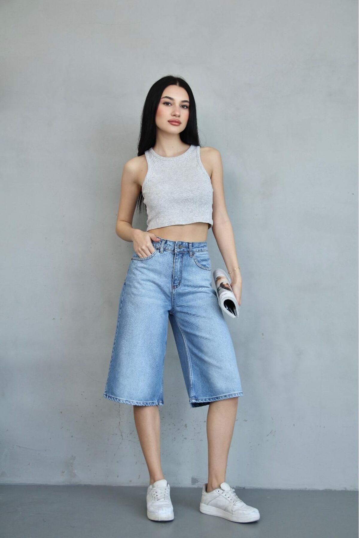 DENİKK-Trend Tint Washed Distressed Effect Baggy Jean Denim Bermuda Roller Shorts 5