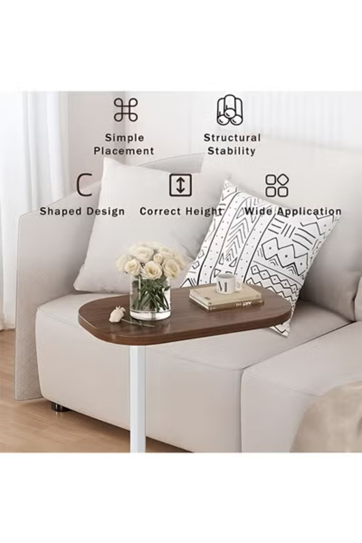 Taimi-C-Shaped Side Table Elegant Design with Metal Frame,45x30x60cm - Brown Color With White Frame 4
