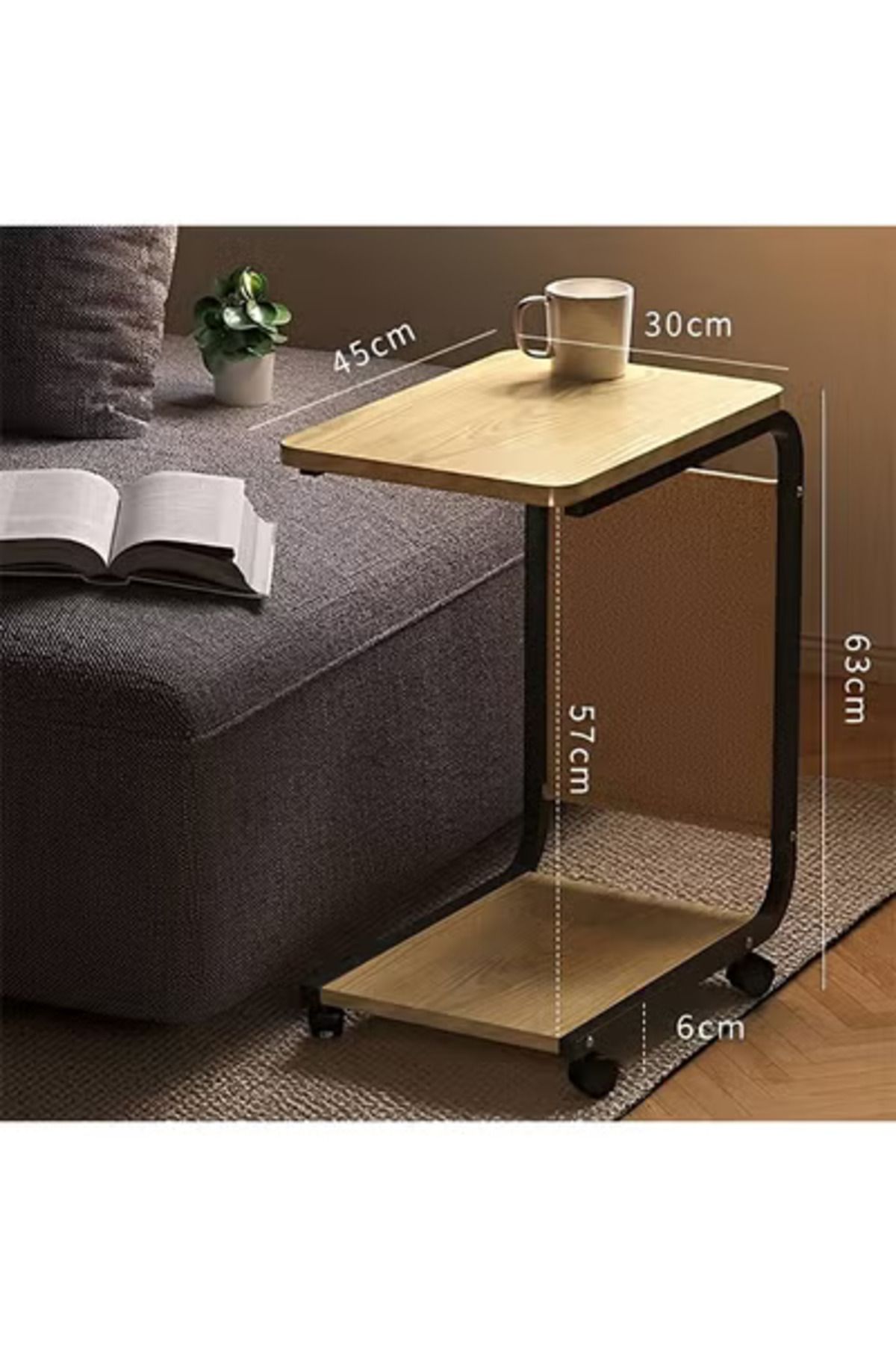 Taimi-C-Shaped Side Table with Wheels and Storage Bag,Coffee Table, 45x30x63CM - Wooden with Black Frame 3