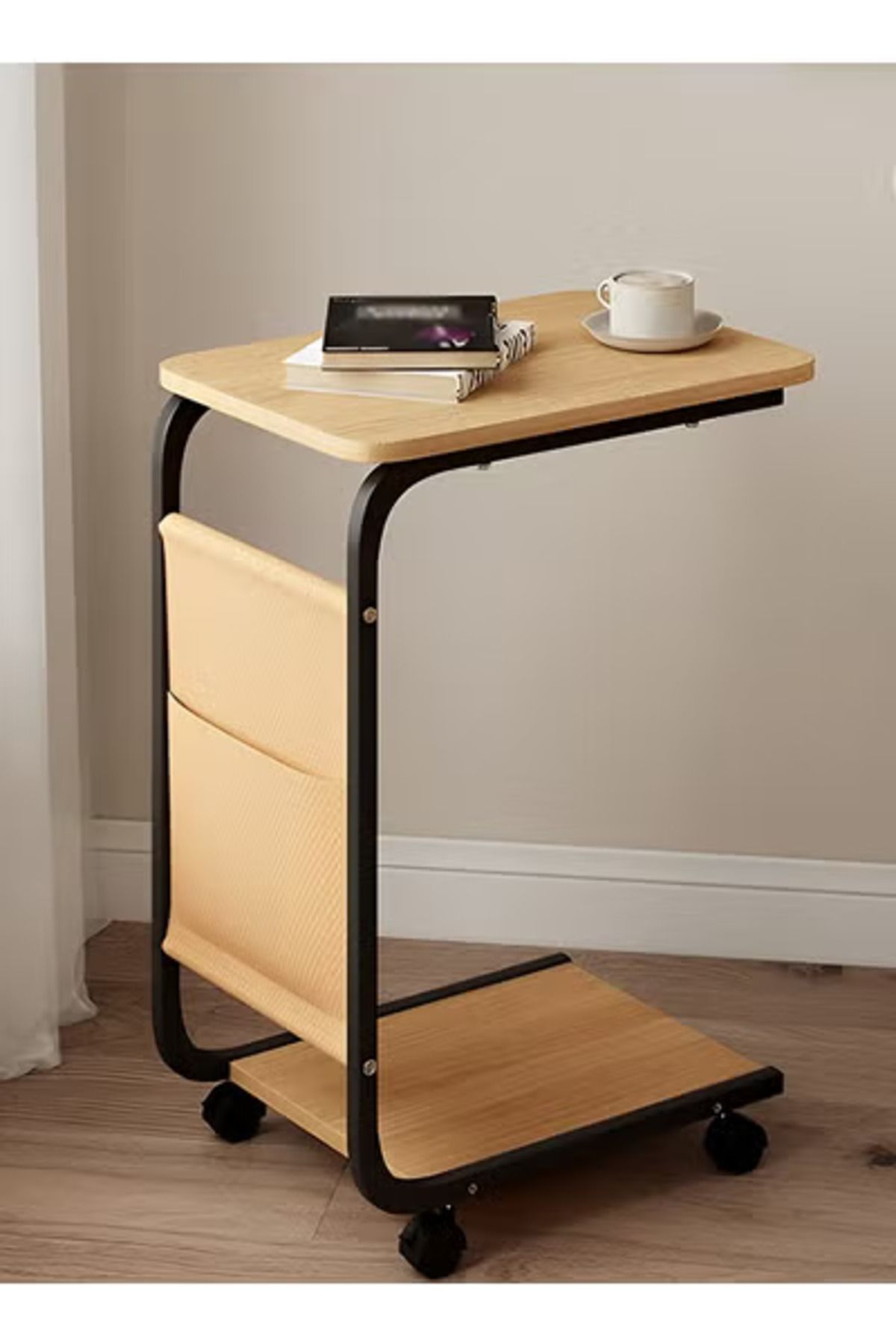 Taimi-C-Shaped Side Table with Wheels and Storage Bag,Coffee Table, 45x30x63CM - Wooden with Black Frame 2