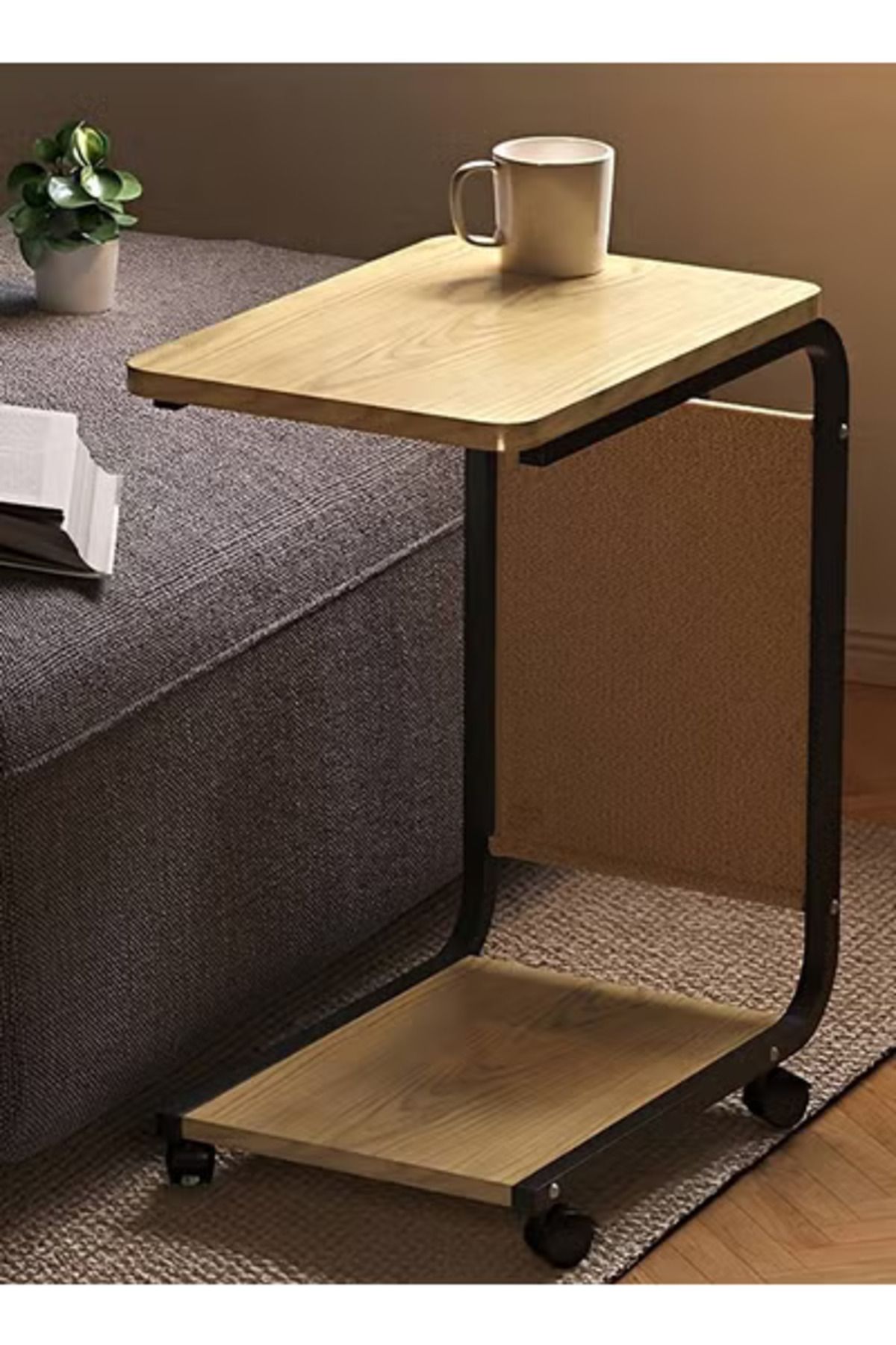 Taimi-C-Shaped Side Table with Wheels and Storage Bag,Coffee Table, 45x30x63CM - Wooden with Black Frame 1