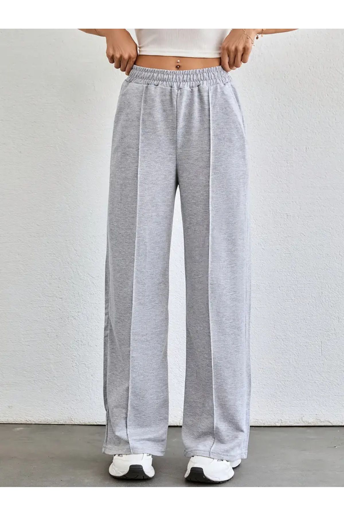 LASVES-Women's Gray Striped Wide Leg Sweatpants 2