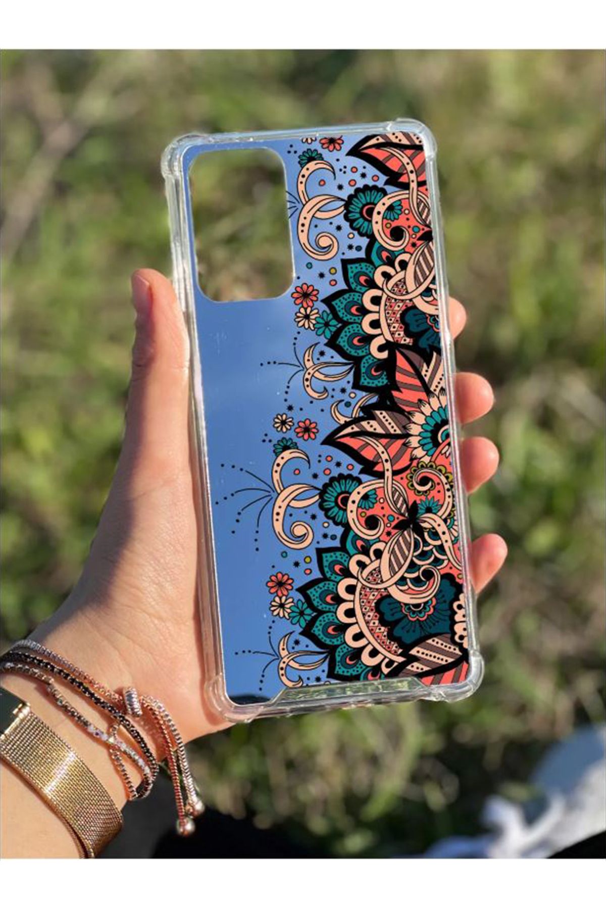 PERAX Samsung Galaxy S24 Uyumlu Gümüş Ayna Baskılı Yaprak Çiçek Desenli Kamera Korumalı Telefon Kılıfı