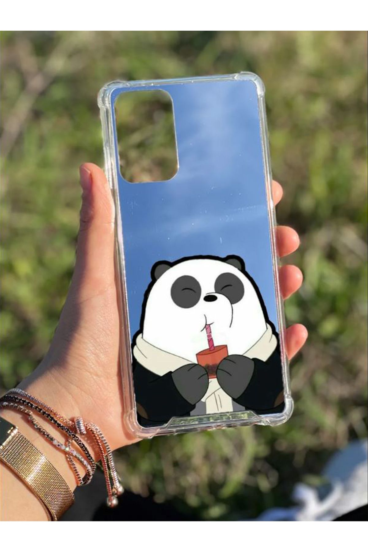 PERAX Samsung Galaxy S24 Uyumlu Gümüş Ayna Baskılı Panda Desenli Kamera Korumalı Telefon Kılıfı