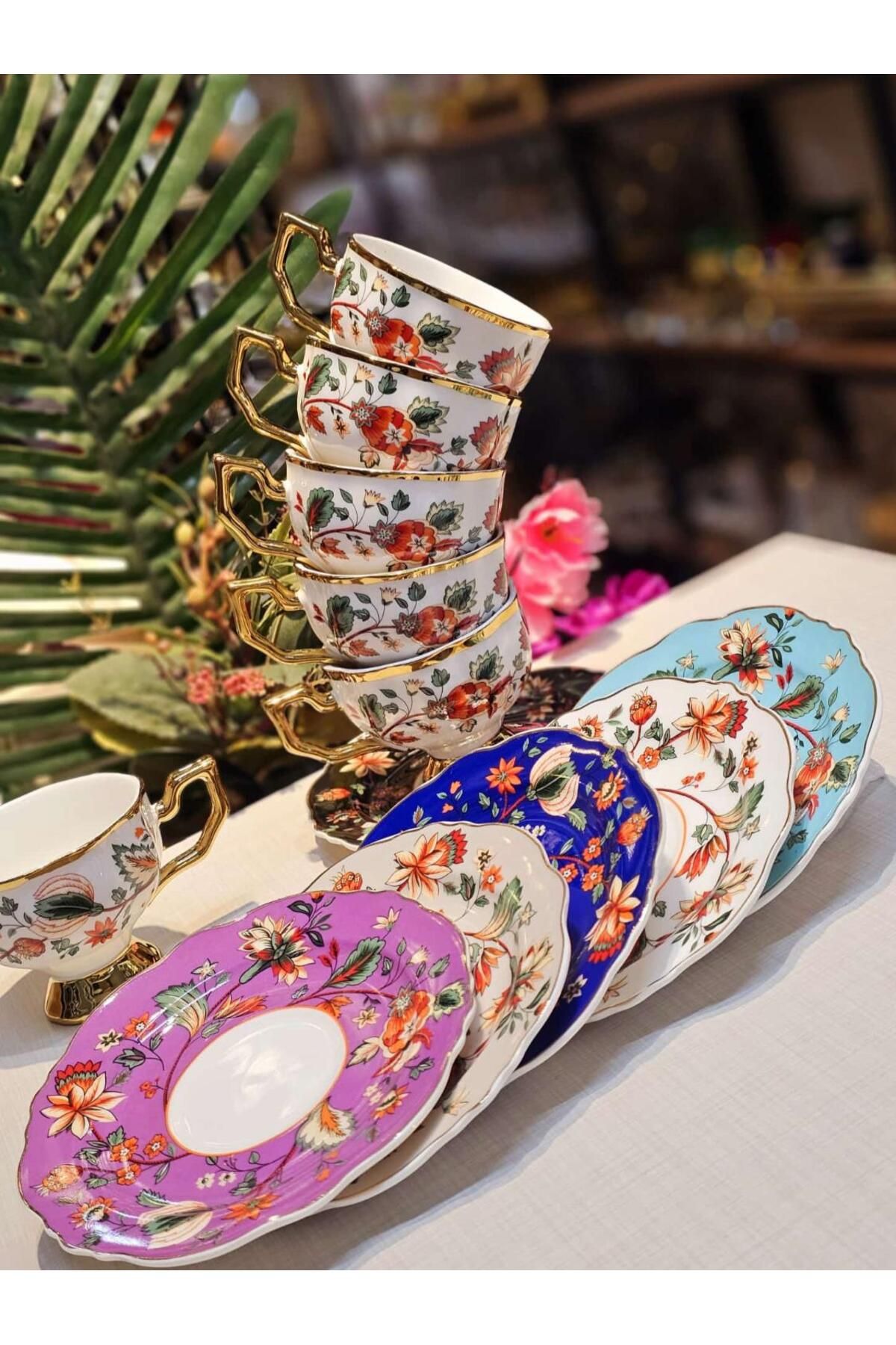 Onedekor-Set of 6 Porcelain Flora Gold Mix Coffee Cups 3