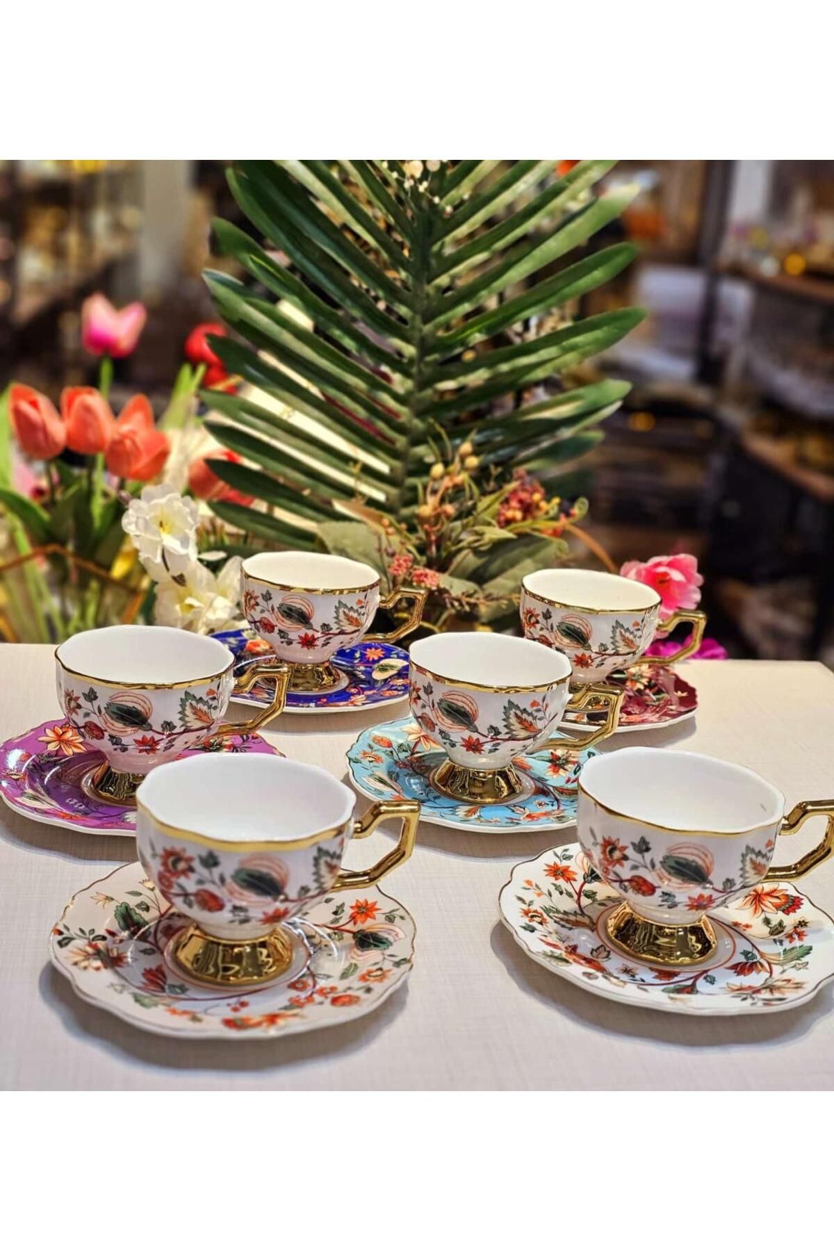 Onedekor-Set of 6 Porcelain Flora Gold Mix Coffee Cups 2