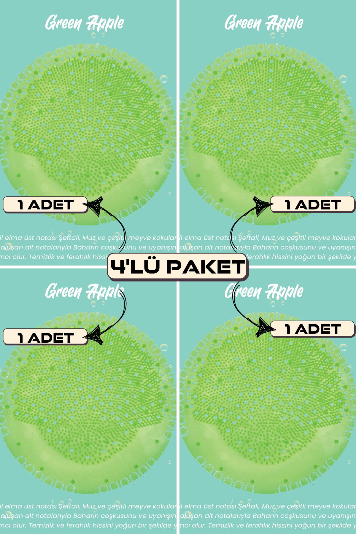 Berta Hijyen Çok Amaçlı Koku Giderici 4'lü Paket Green Apple - Pisuvar, Lavabo, Banyo Koku Giderici -koku Süzgeci