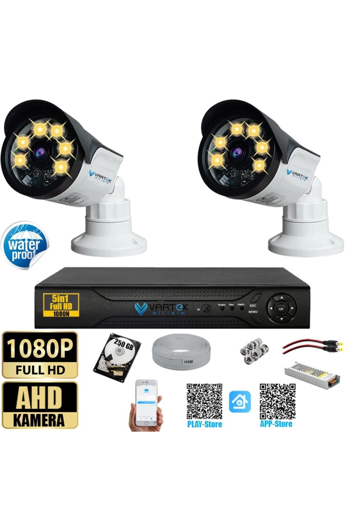 VARTEK BİLİŞİM 2 Kameralı Set 250 Gb Hdd Full Hd Gece Görüşlü Güvenlik Kamerası Sistemi-Sabit İp Gerektirmez-
