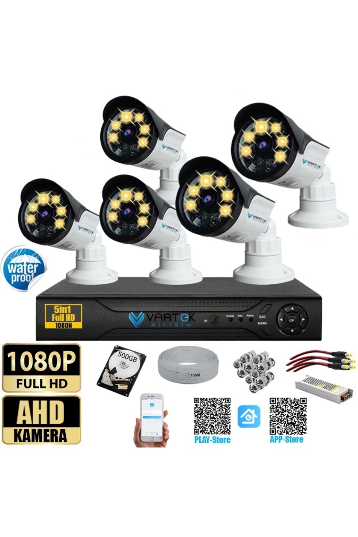 VARTEK BİLİŞİM 5 Kameralı Set 500 Gb Hdd Full Hd Gece Görüşlü Güvenlik Kamerası Sistemi-Sabit İp Gerektirmez-