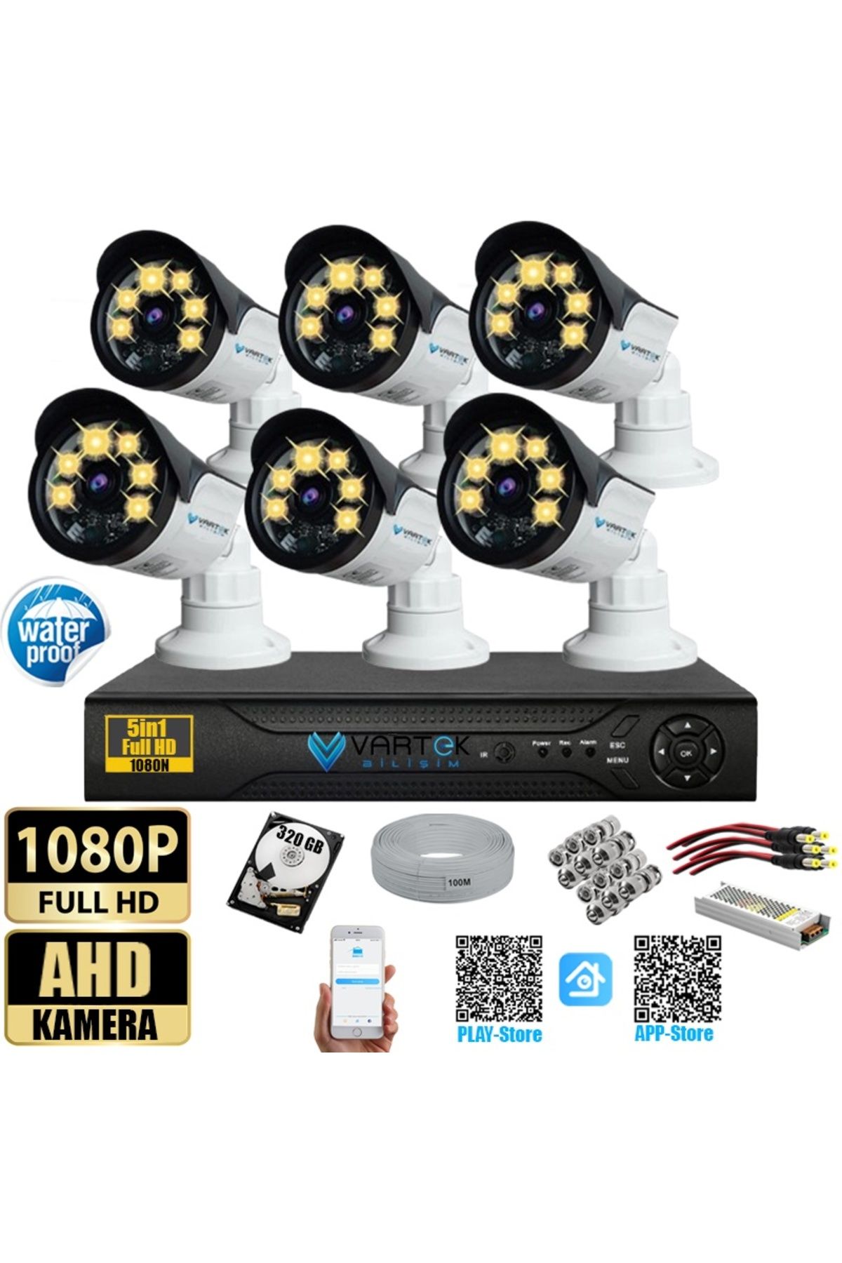 VARTEK BİLİŞİM 6 Kameralı Set 320 Gb Hdd Full Hd Gece Görüşlü Güvenlik Kamerası Sistemi-Sabit İp Gerektirmez-