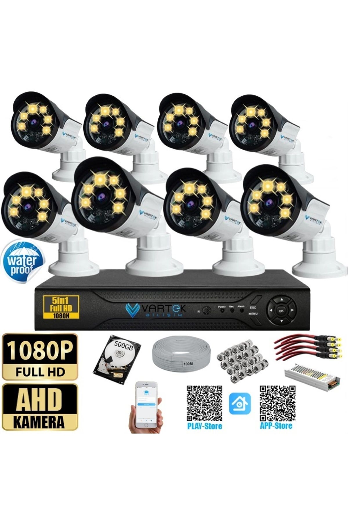 VARTEK BİLİŞİM 8 Kameralı Set 500 Gb Hdd Full Hd Gece Görüşlü Güvenlik Kamerası Sistemi-Sabit İp Gerektirmez-