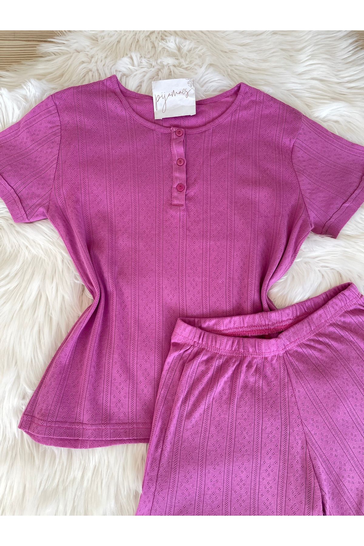 Pijamacs-Pink Button Detailed Shorts Pajama Set 7