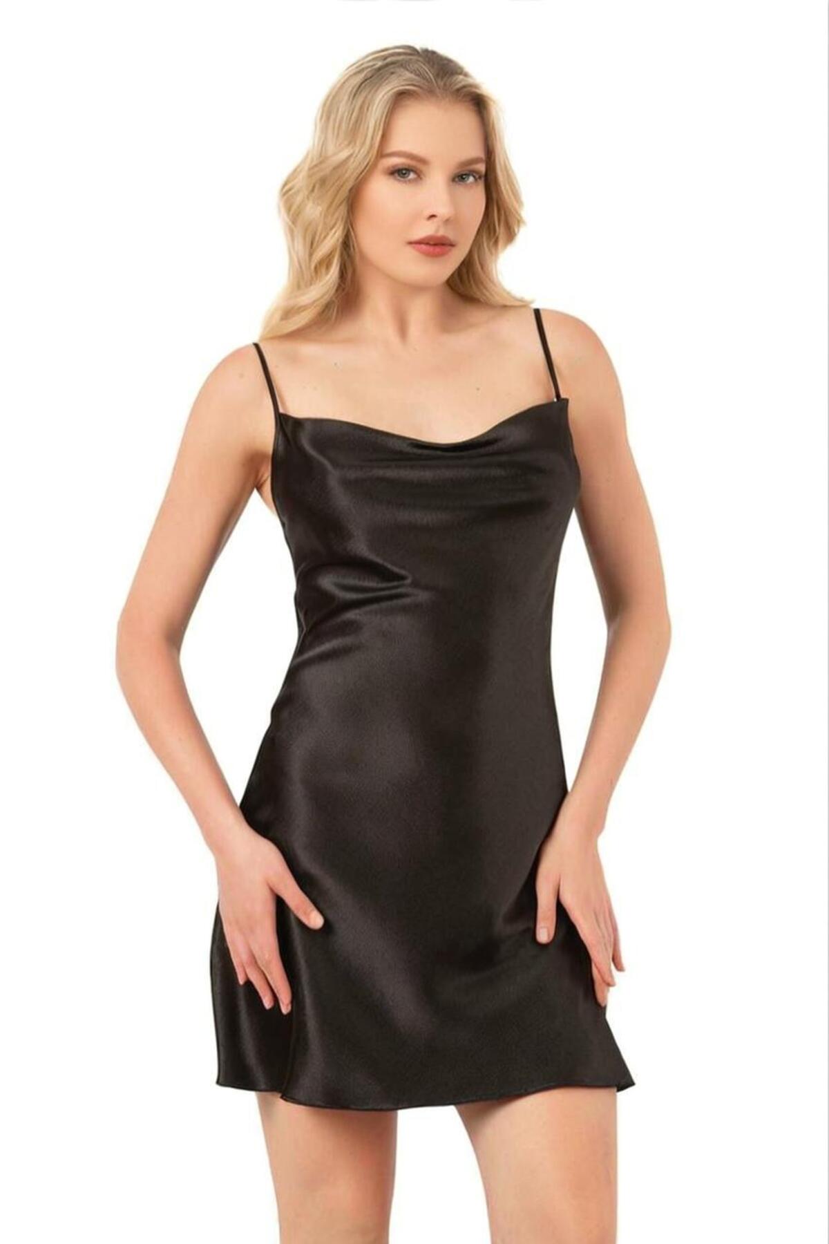 Lovenya Homewear SİYAH SATEN DEGAJE YAKA İP ASKILI GECELİK