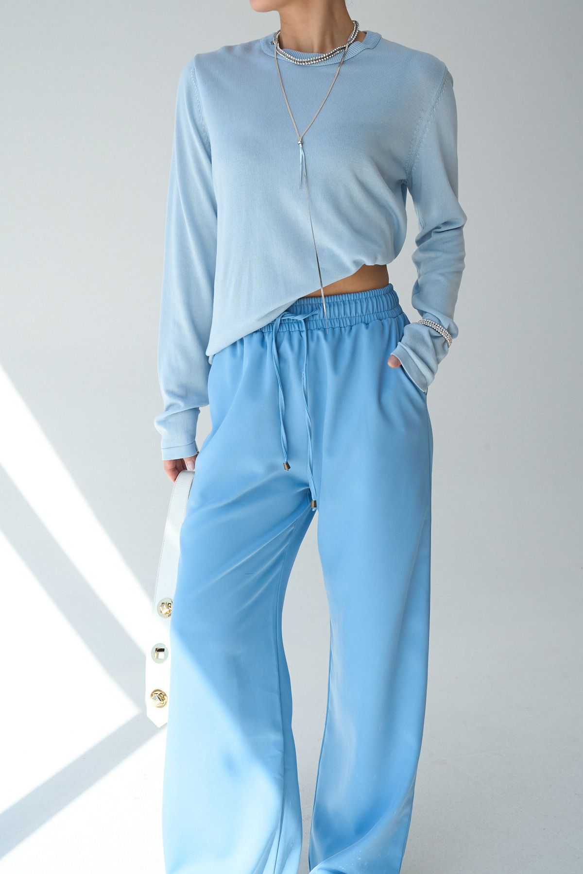 LOOSH-Women's Blue High Waist Lace up Wide Cut Pants 5