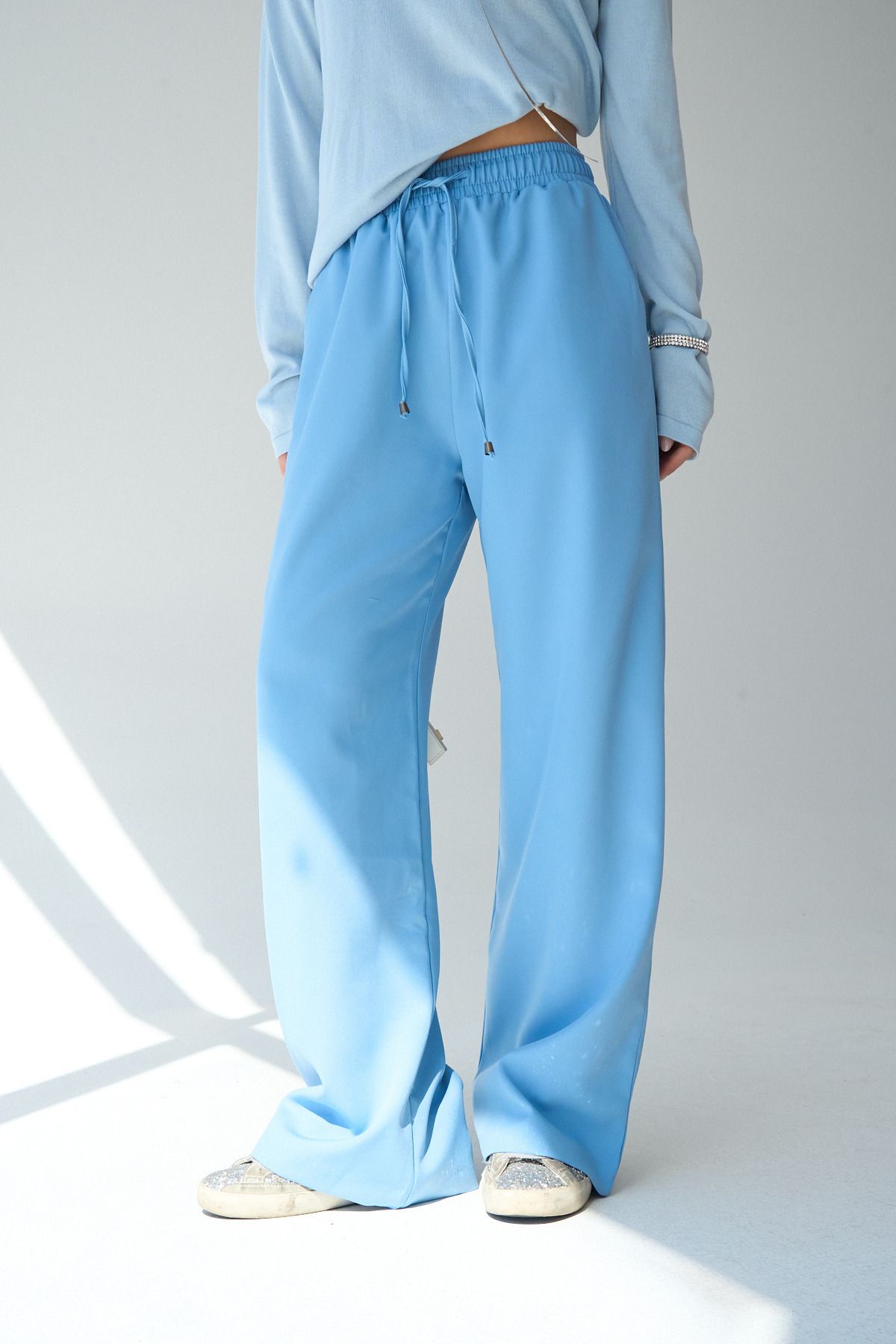LOOSH-Women's Blue High Waist Lace up Wide Cut Pants 1