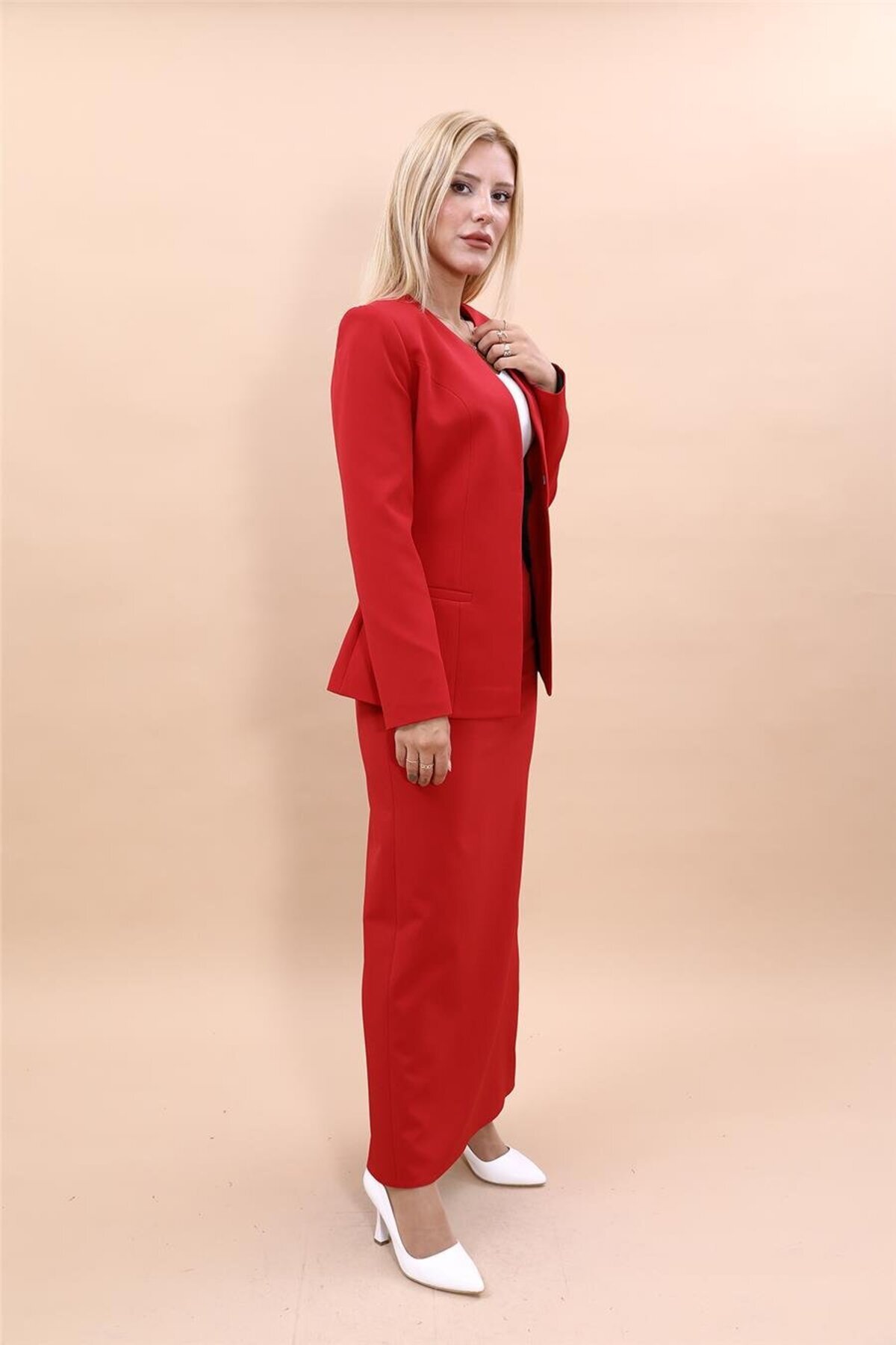 ÖNDER ÖZSOY-Plus Size - Oval Collar Long Jacket & Long Pencil Skirt Suit-Red 1