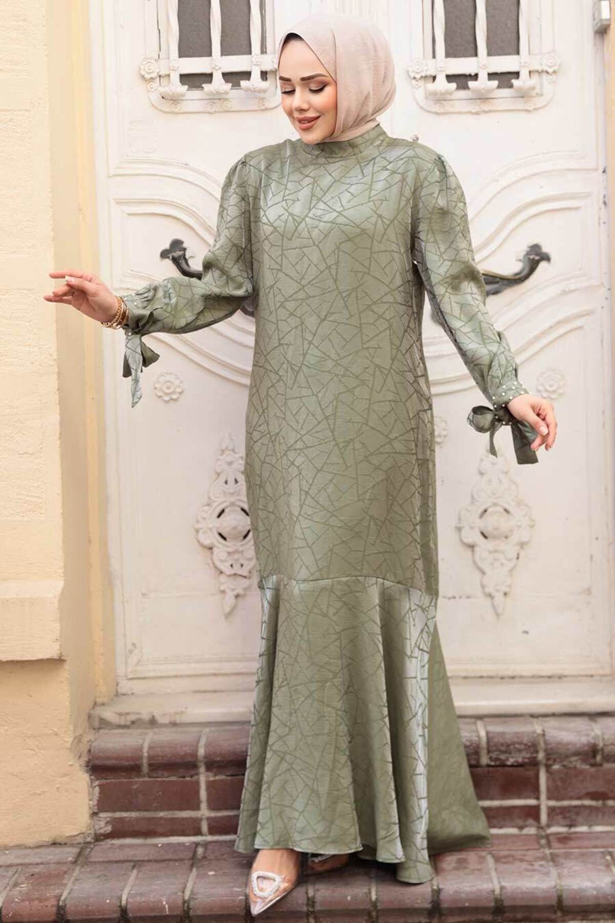 N.S NEVA STYLE-Φόρεμα με σχέδιο Çağla Green Hijab Satin 4457CY 1