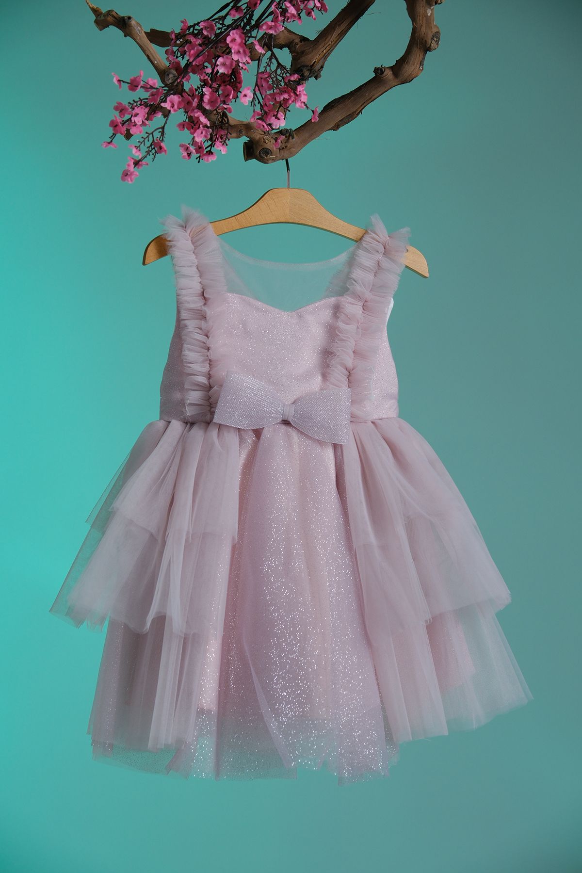 Pina Kids Beli Fiyonk Detaylı Simli Kız Çocuk Abiye ABY.4006