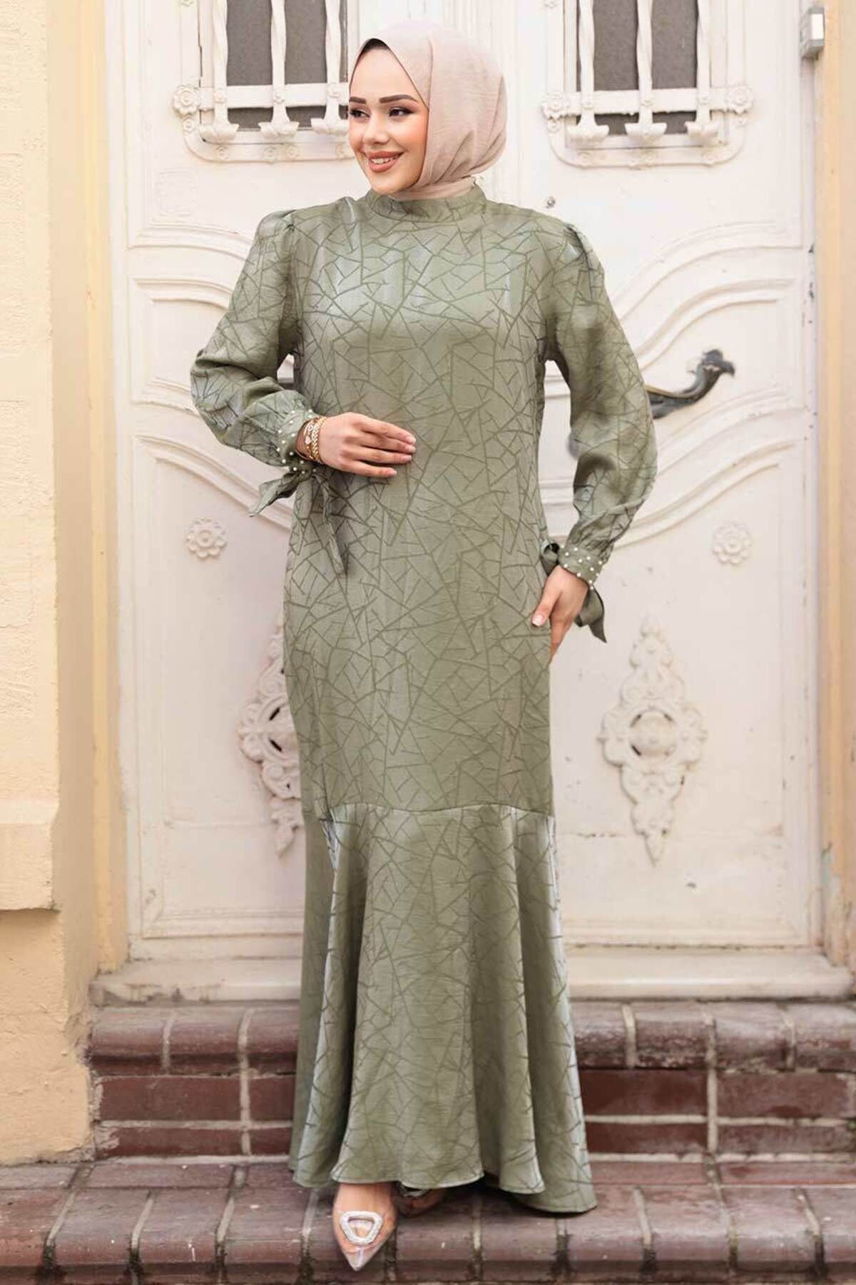 N.S NEVA STYLE-Φόρεμα με σχέδιο Çağla Green Hijab Satin 4457CY 2