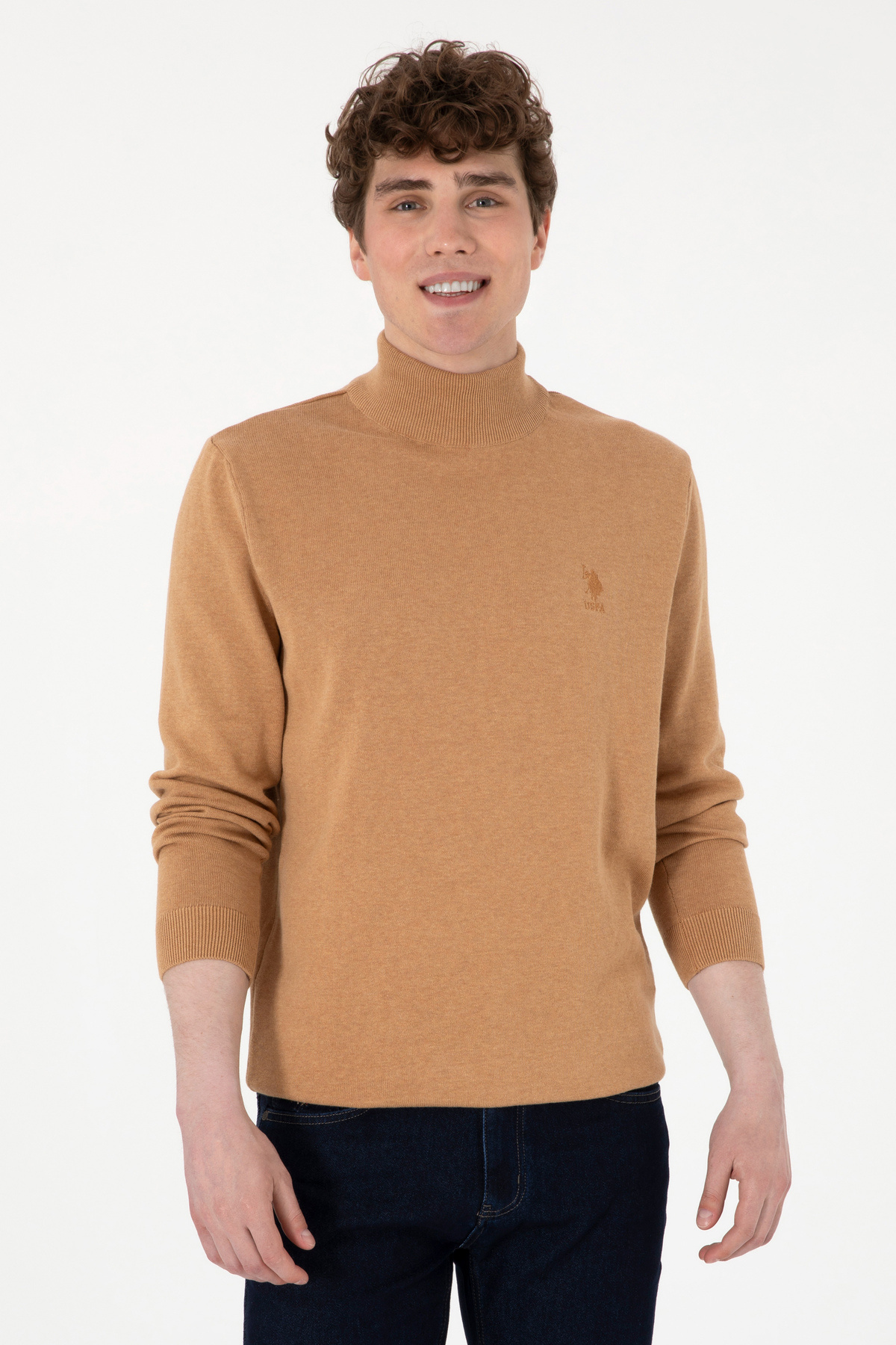 ژاکت مردانه یقه اسکی طرح شتری ملانژ ساده و اسلیم فیت برند یو اس پولو کد:(50288887-VR122) U.S. Polo Assn.