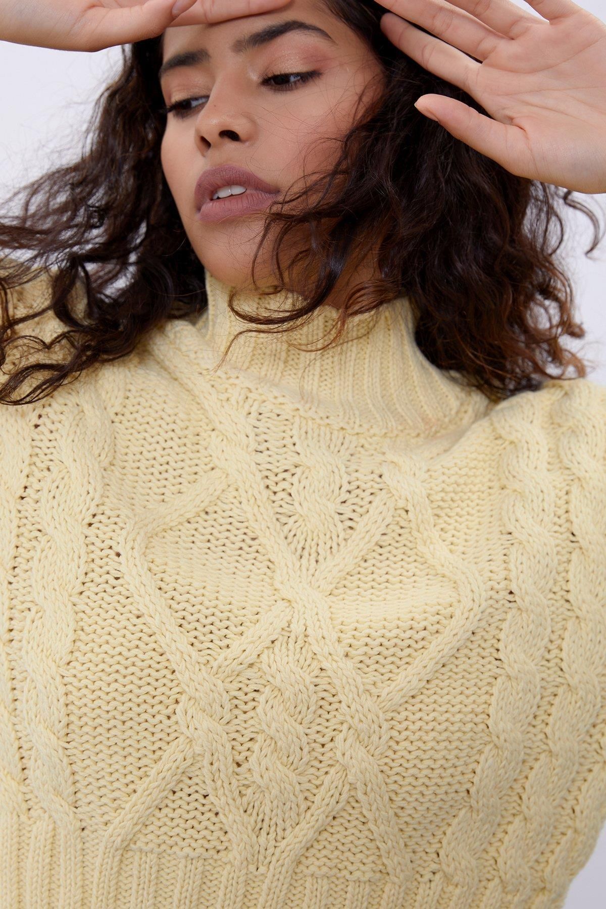 SHERIN-Yellow Knitted Patterned Short Sweater 3