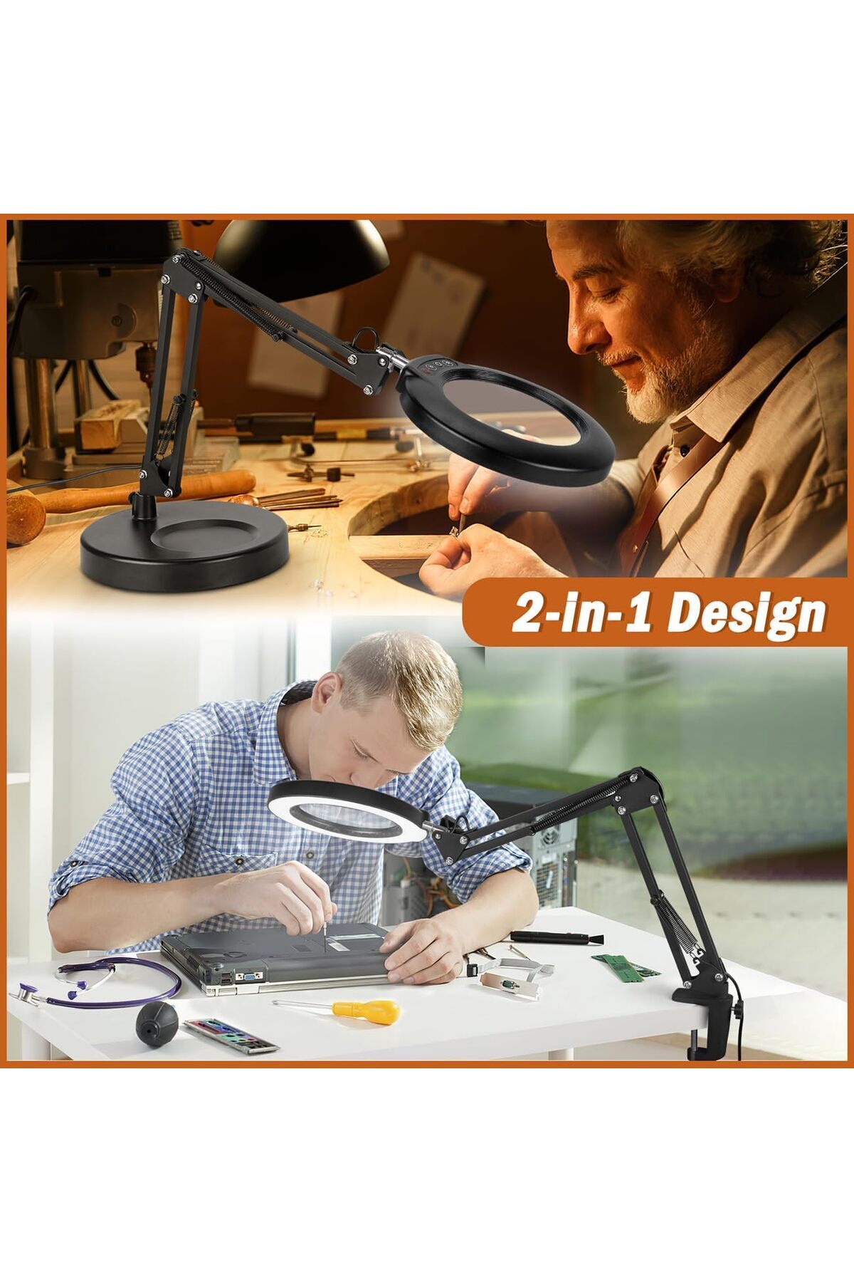COOYA-2 in 1 foldable LED desk lamp, 5 color modes, 10 brightness levels, with 10x magnifying glass, black 5