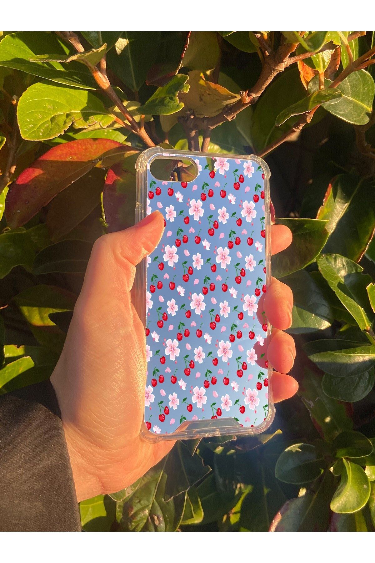 blueb İphone 7 Uyumlu Aynalı Kiraz Desenli Darbe Kamera Korumalı Silikon Telefon Kılıfı